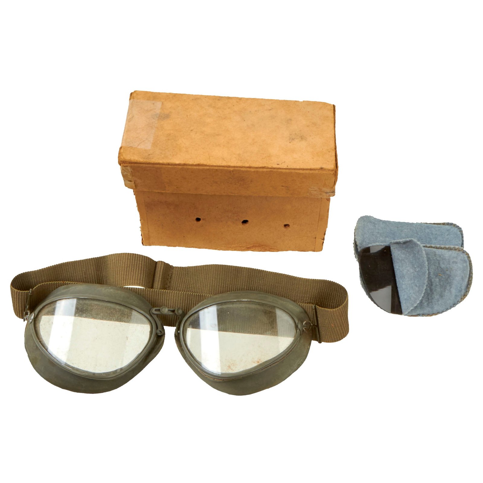 Buy Original German WWII Model 306 Flight / Motorcycle Dispatch Riders Goggle Set With Spare Lenses, Cleaning Cloth and Original Box - With Copy of Bringback Certificate for T/4 Elmer A. Johnson | Original Firearms Antique For Sale