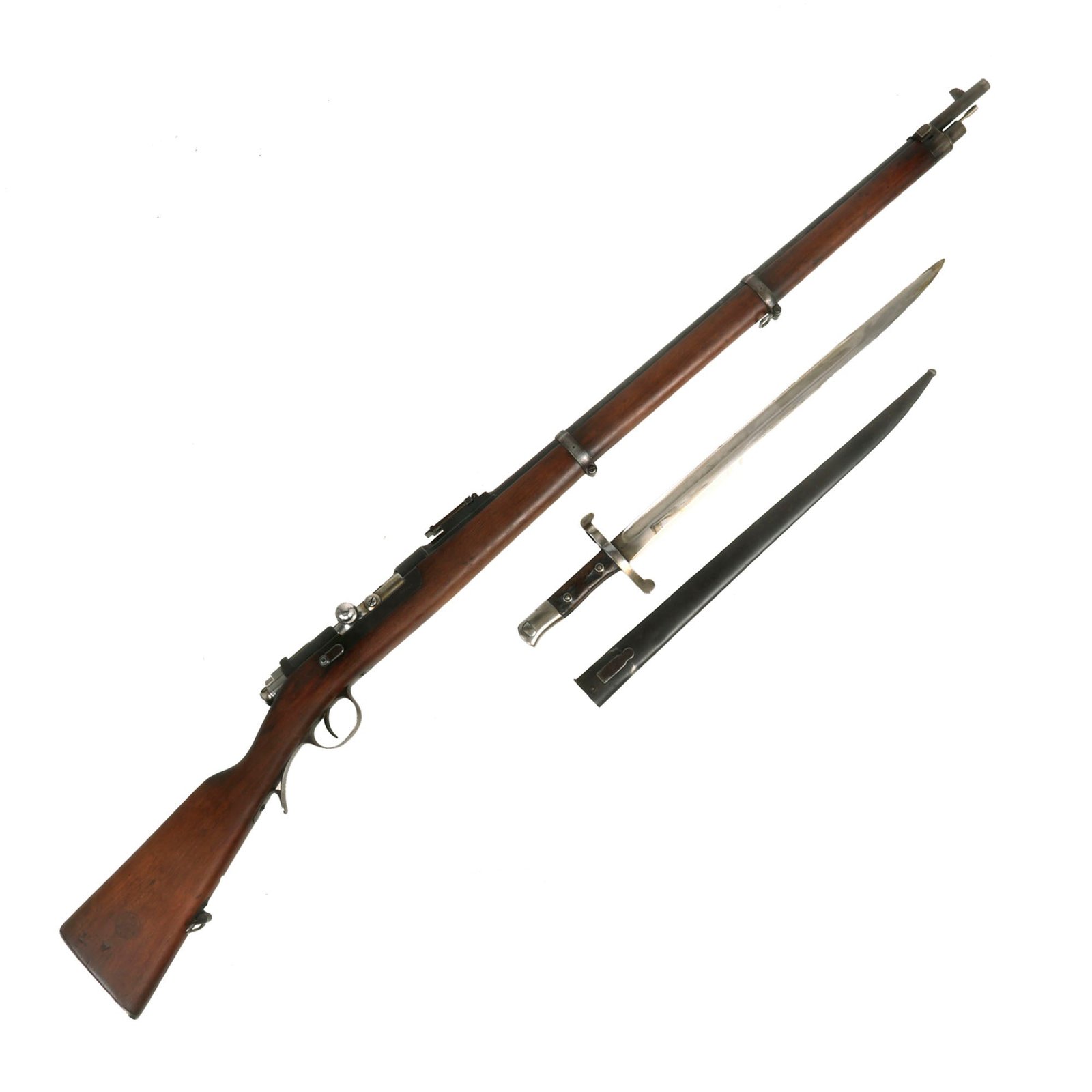 Buy Original Portuguese Kropatschek M.1886 Infantry Rifle made by ŒWG Steyr dated 1886 with Bayonet & Scabbard - Serial FF332 | Original Firearms Antique For Sale