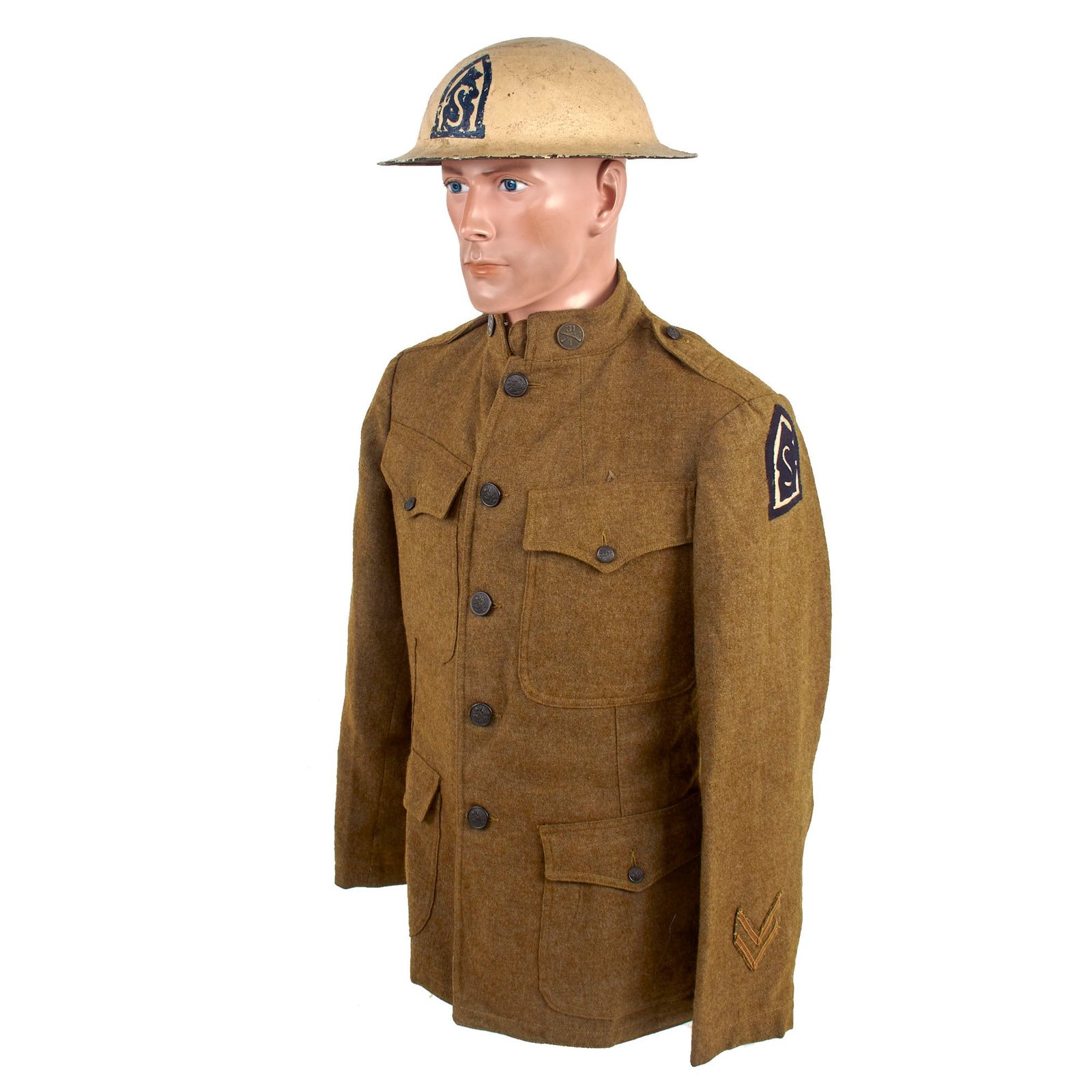 Buy Original U.S. WWI Russian Revolution M1917 AEF Siberia Polar Bears Helmet With Patched Pattern 1912 Winter Service Coat - 31st Infantry Regiment | Original Firearms Antique For Sale