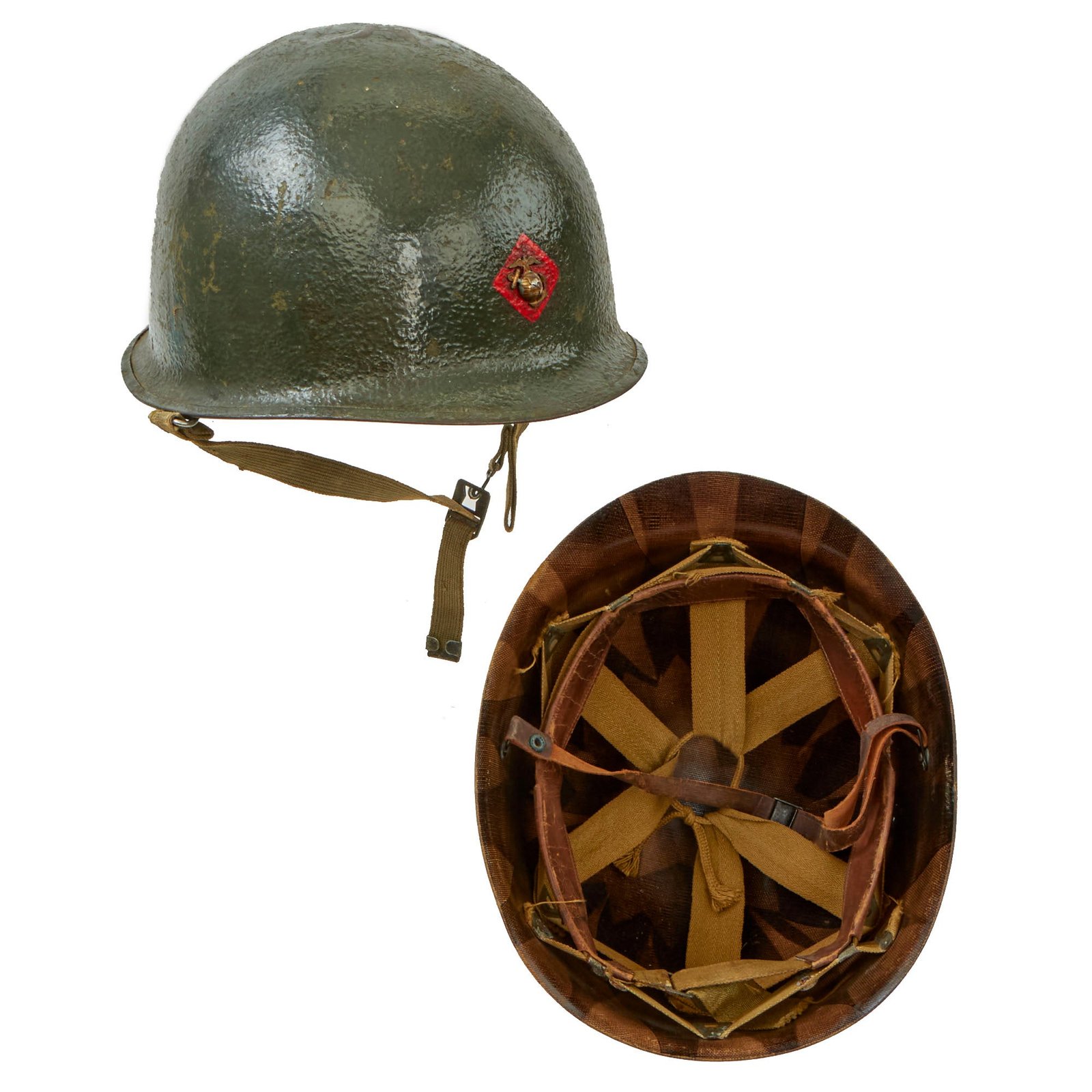 Buy Original U.S. WWII US Marine Corps 4th Marine Division Painted 1944 McCord Front Seam Swivel Bale M1 Helmet With CAPAC Liner - Complete | Original Firearms Antique For Sale