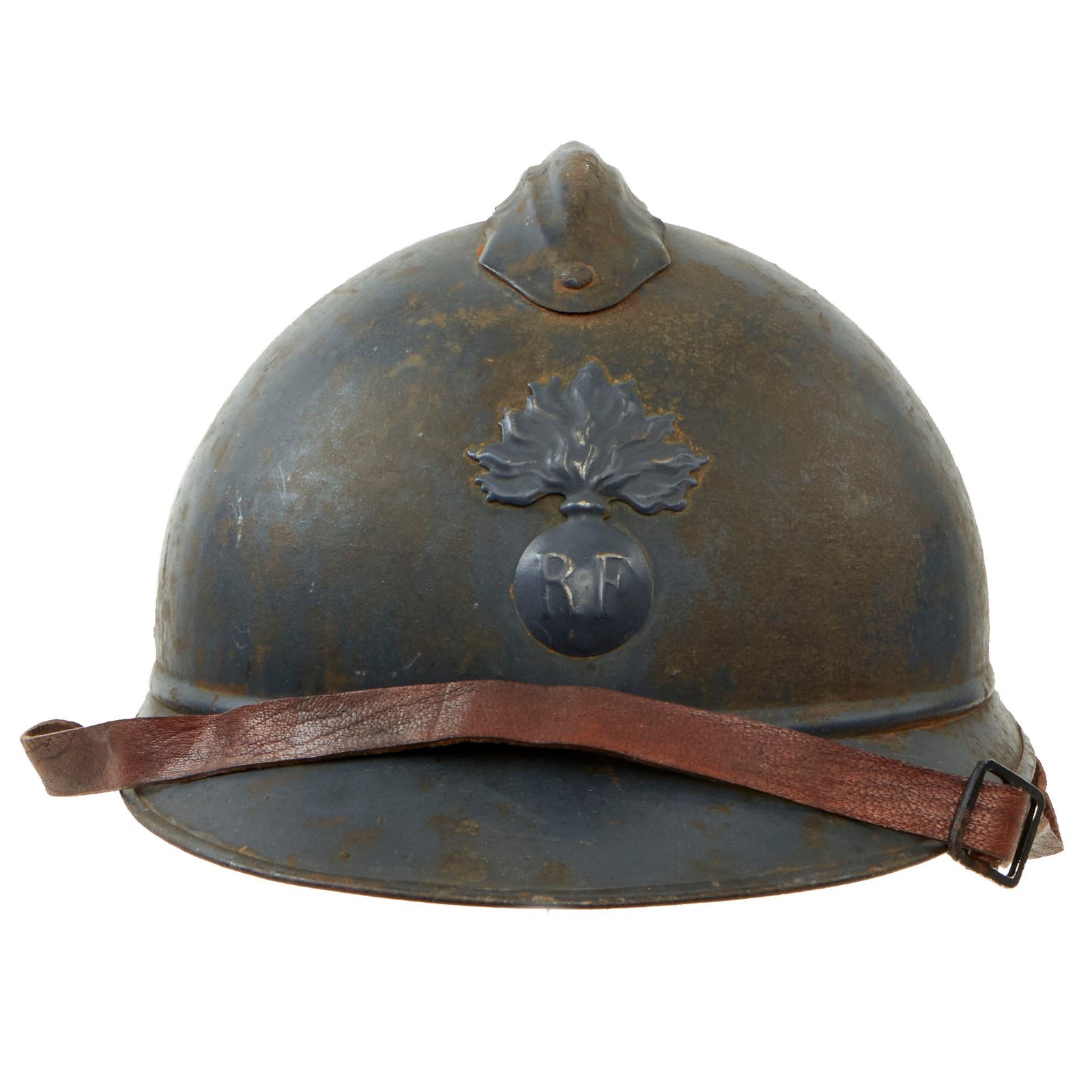 Buy Original French WWI Issue Model 1915 Adrian Helmet in Horizon Blue with RF Badge and Second Pattern Liner - Complete | Original Firearms Antique For Sale
