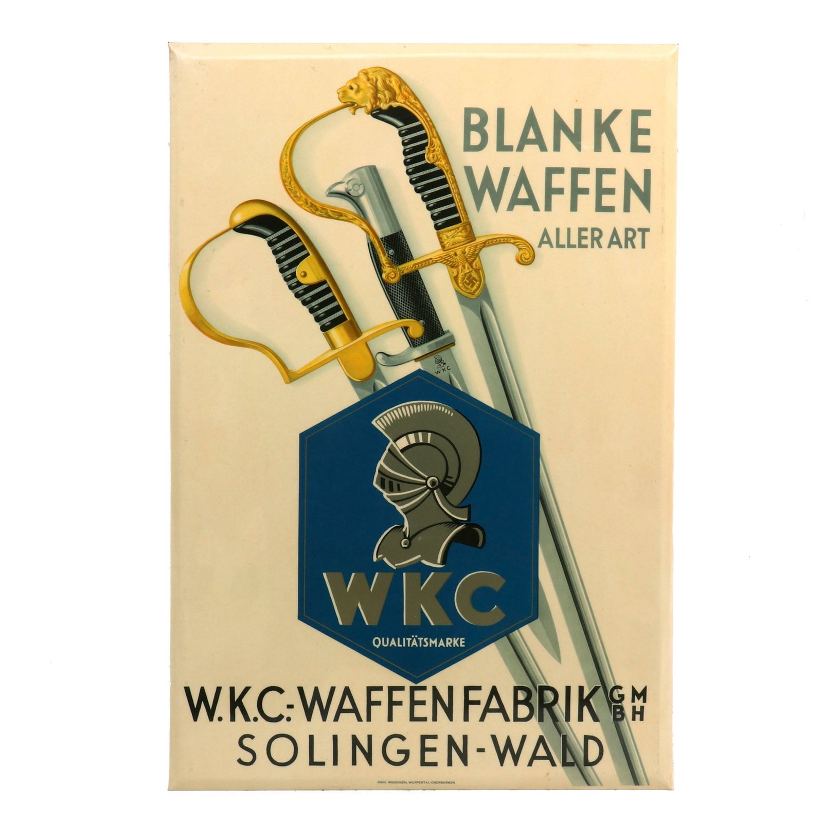 Buy Original German WWII W.K.C. Waffenfabrik Metal Window Advertisement Display Sign - Weyersberg Kirschbaum - 12 ½" x 18 ¾” | Original Firearms Antique For Sale