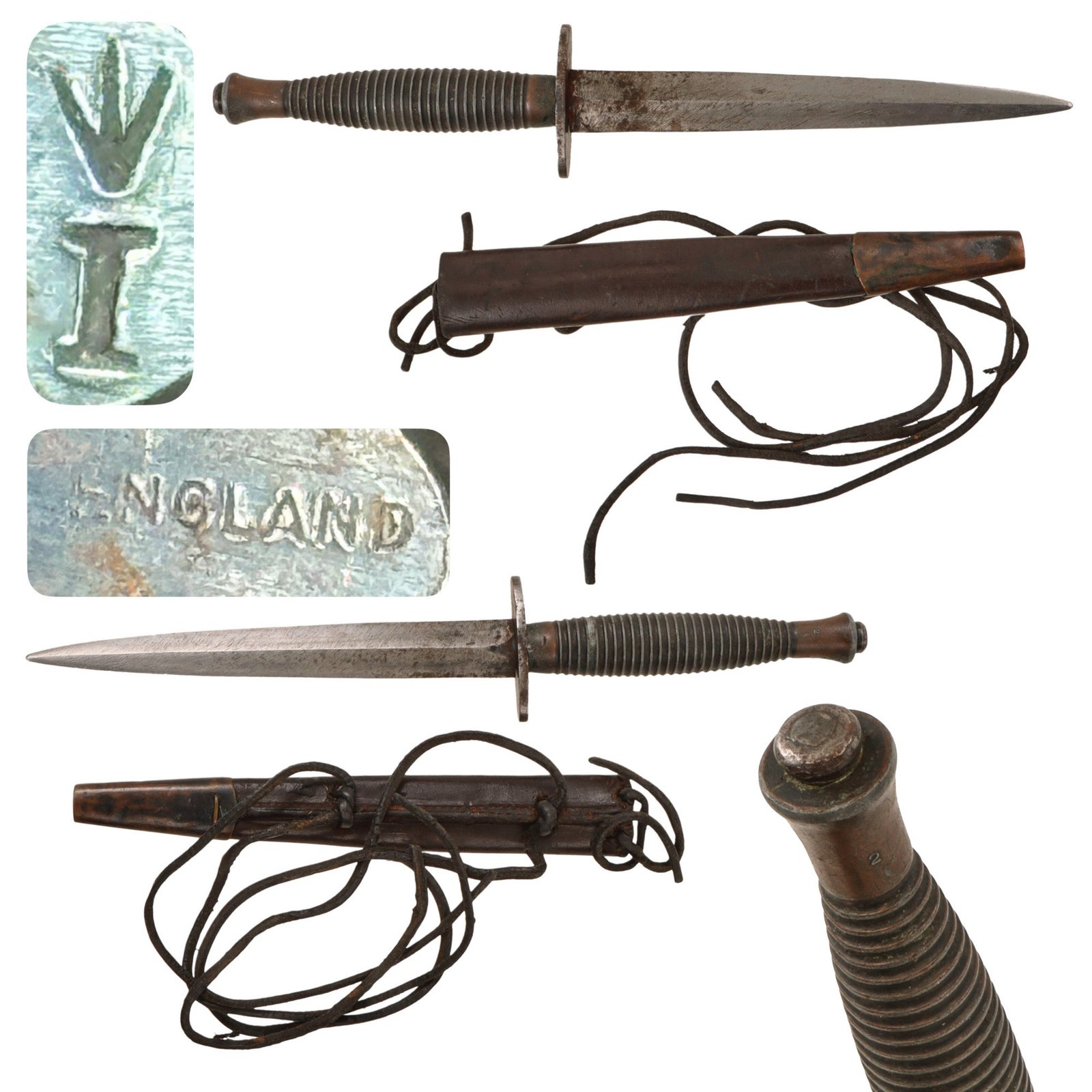 Original British WWII Early Import-Marked 3rd Pattern Broad Arrow Marked Fairbairn-Sykes Fighting Knife with Period Cut-Down Scabbard for Leg Wear