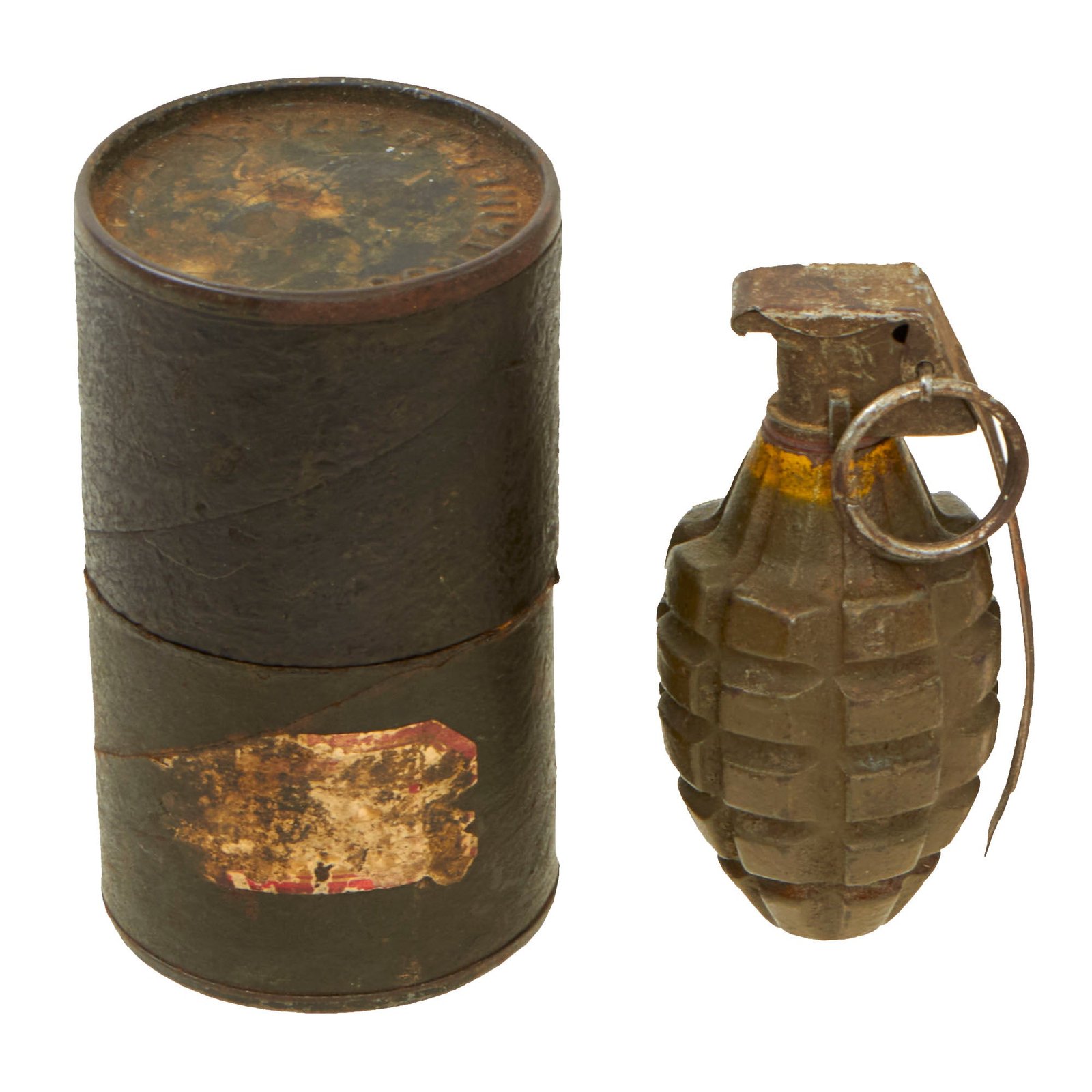 Buy Original U.S. WWII Inert MkII Pineapple Grenade with Yellow Ring, M10A3 Fuze and M47A2 Cardboard “Husk” Canister | Original Firearms Antique For Sale