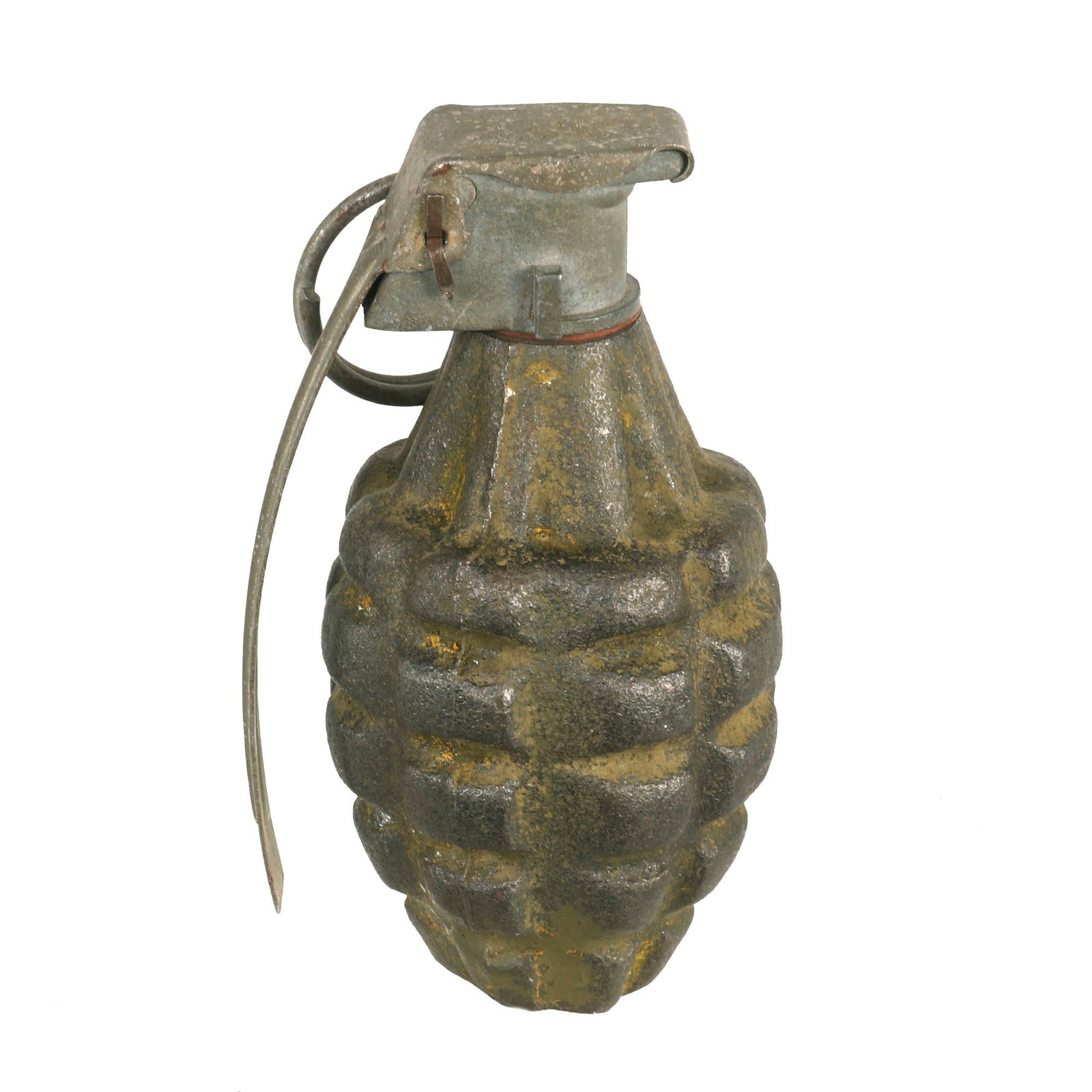 Buy Original U.S. Early WWII Inert MkII Pineapple Fragmentation Grenade with Faded Yellow Paint & M10A2 Fuze | Original Firearms Antique For Sale