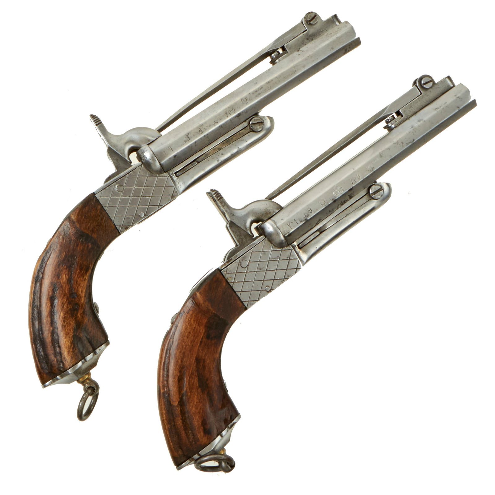 Buy Original Set of Two French Style 9mm Pinfire Double Barrel Pistols with Hidden Triggers & Folding Bayonets - Serial 08067 & 08157- Circa 1850 | Original Firearms Antique For Sale