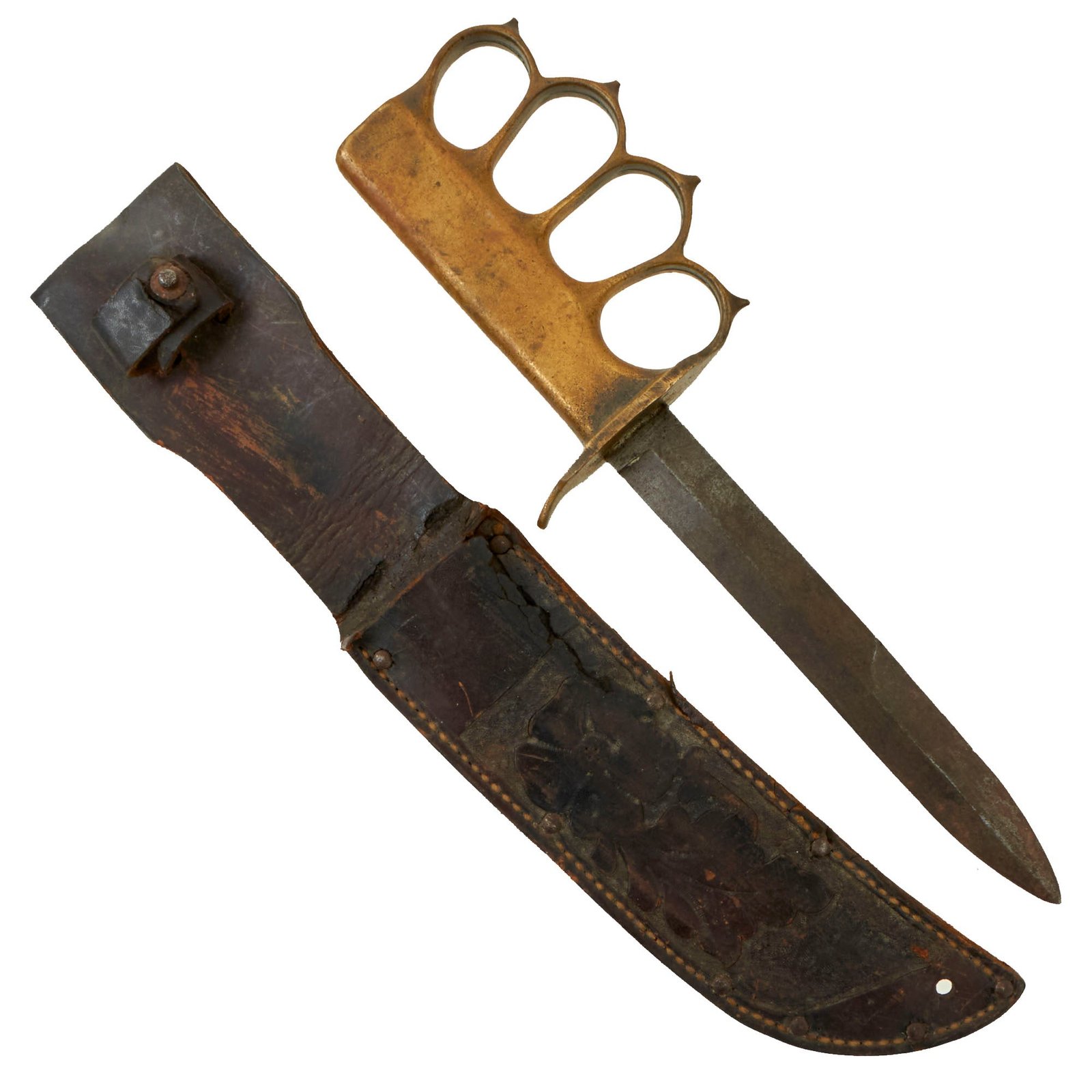 Buy Original U.S. WWI/WWII Model 1918 Mark 1 Trench Knife “Paratrooper” Modified Grip With M3 Fighting Knife Blade and Leather Sheath | Original Firearms Antique For Sale