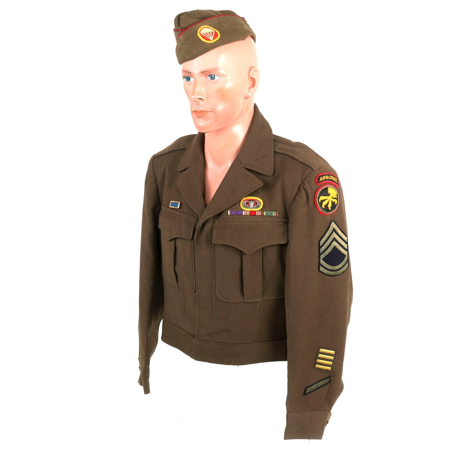 Buy Original WWII U.S. 17th Airborne, 464th Parachute Field Artillery Battalion Ike Jacket with Overseas Cap- Laundry Number Marked | Original Firearms Antique For Sale