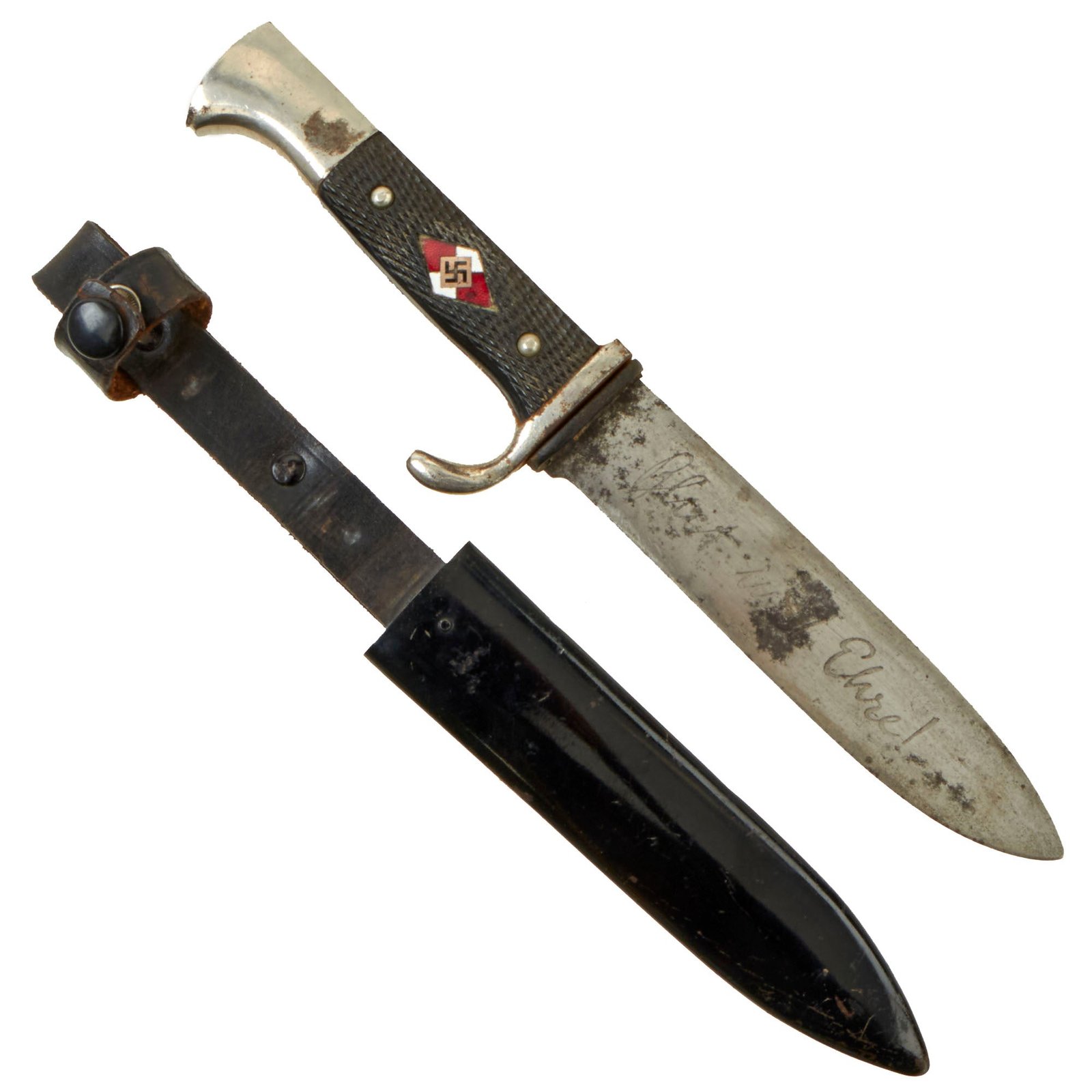 Buy Original German WWII Early Motto-Marked HJ Knife by Rare Maker E. Knecht & Co. of Solingen with Scabbard | Original Firearms Antique For Sale