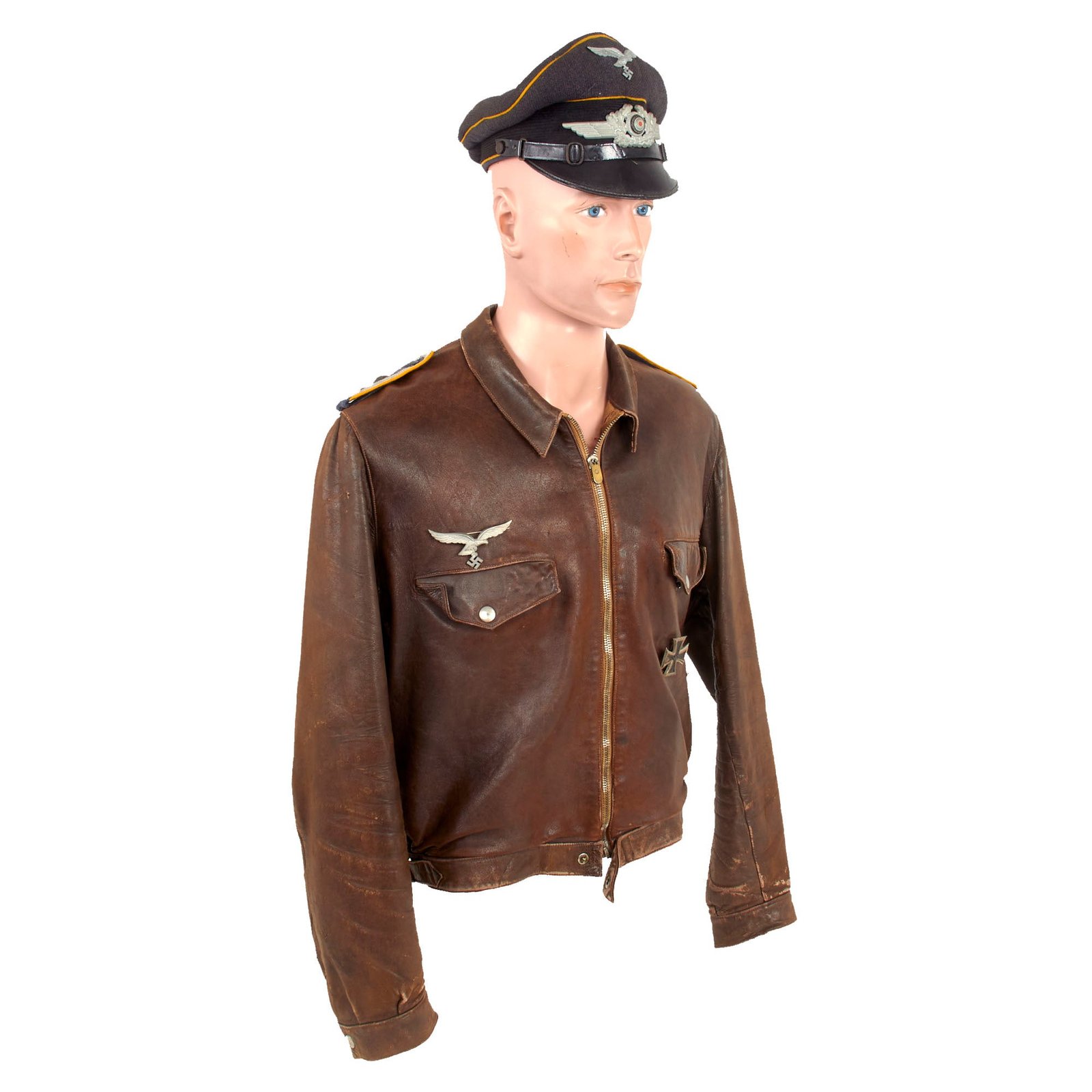 Buy Original German WWII Luftwaffe Oberfeldwebel Senior NCO's Leather Flight Jacket with EM/NCO Schirmmütze Visor Crush Cap | Original Firearms Antique For Sale