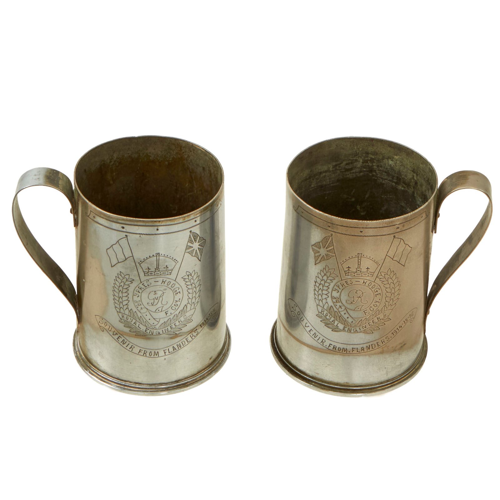 Buy Original British WWI Royal Engineer Trench Art Mugs Made from 18 Pounder Shells Dated 1910 & 1915 - Featured In The Book “Trench Art, An Illustrated History” by Jane Kimball on Page 193 | Original Firearms Antique For Sale