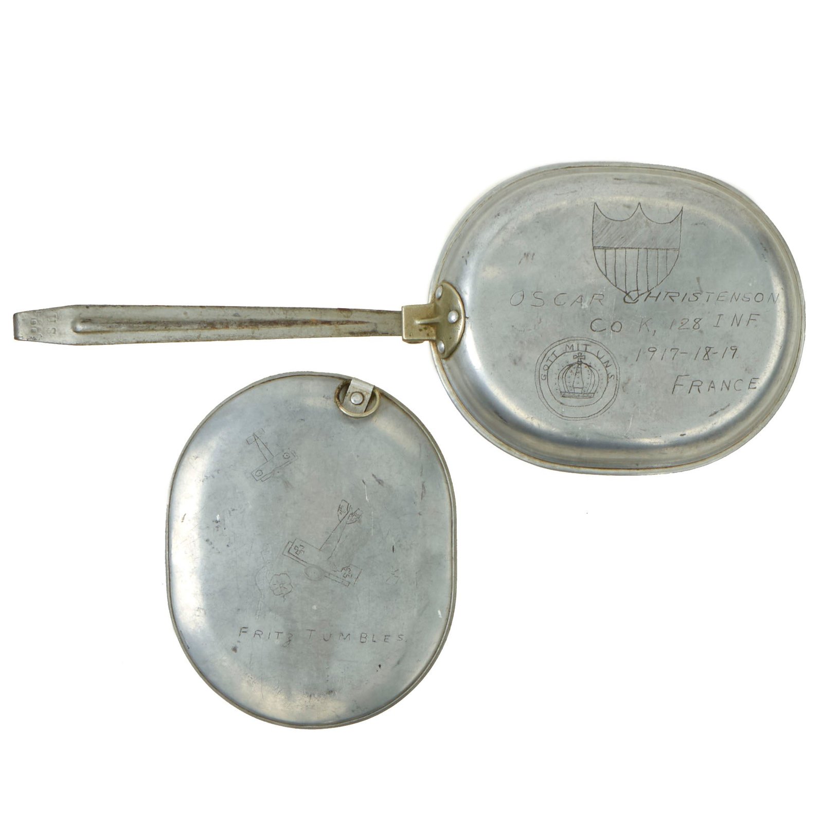 Buy Original U.S. WWI Trench Art M1910 Mess Kit by L.F.&C. Personalized by Private Oscar Christenson, 128th Infantry Regiment, 32 Division As Featured In The Book “Trench Art, An Illustrated History” by Jane Kimball on Page 226 | Original Firearms Antique For Sale
