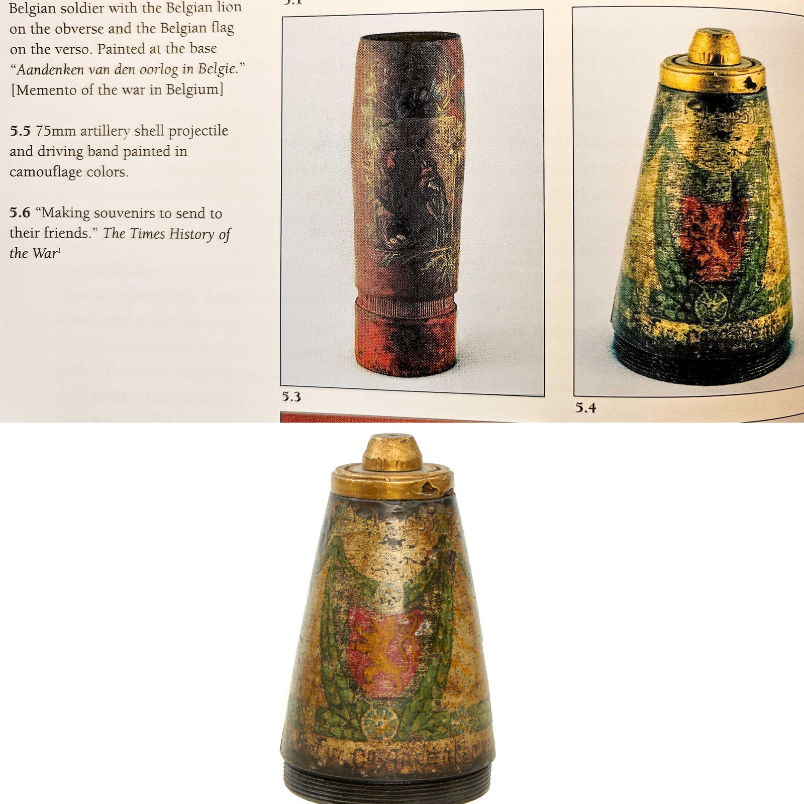 Buy Original Belgian WWI Inert 75mm Fuse Painted Trench Art As Featured In The Book “Trench Art, An Illustrated History” by Jane Kimball on Page 164 | Original Firearms Antique For Sale