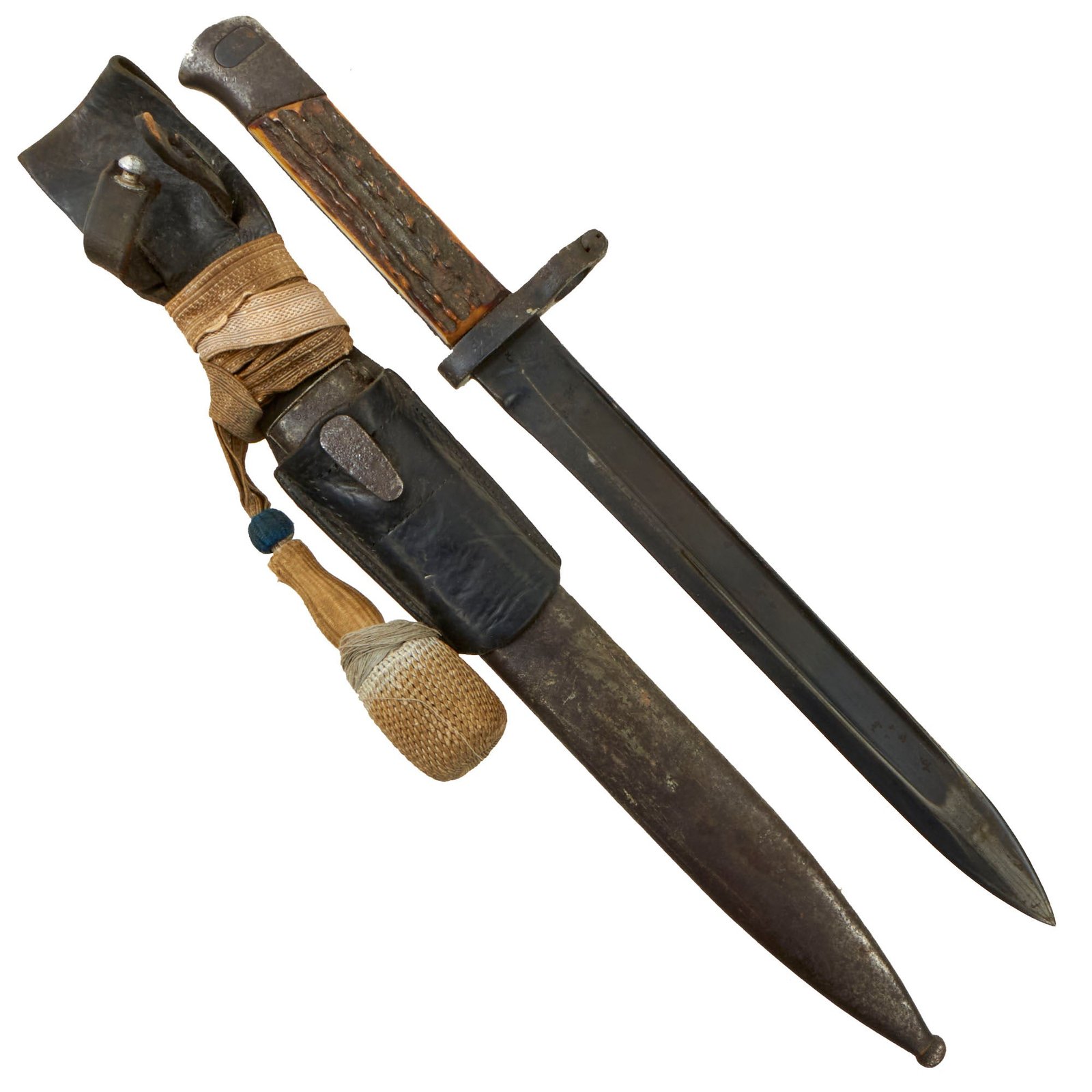 Buy Original Austrian WWI Mannlicher M1895 NCO Bayonet by ŒWG Steyr with Stag Grips, Scabbard, Frog & Troddel Knot | Original Firearms Antique For Sale