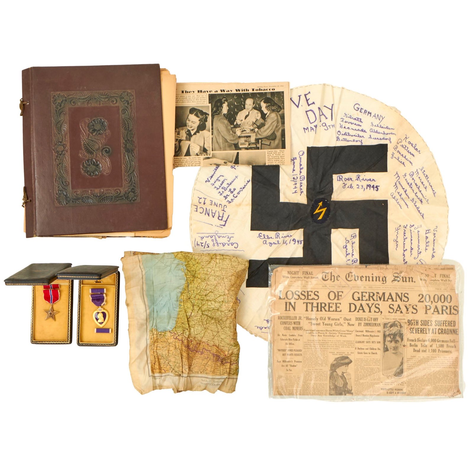 Buy Original U.S. WWII 29th Infantry Division Bronze Star Group with Travel Diary German Flag Roundel & Scrapbook - T/5 John Burrows, 175th Infantry Regiment | Original Firearms Antique For Sale
