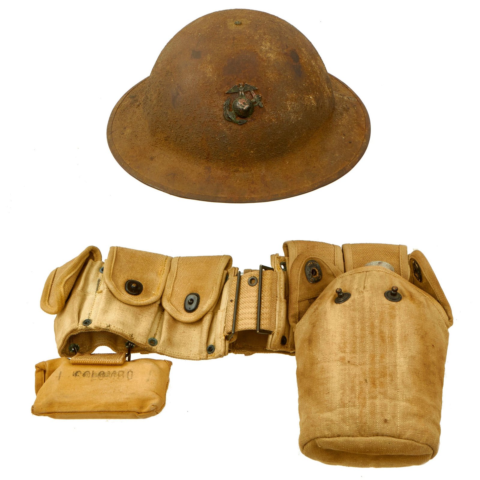 Buy Original U.S. WWI Named USMC M1917 Doughboy Helmet with Period Correct Punch Applied Intact Liner and Chinstrap With Matched Named M1910 Cartridge Belt Rig | Original Firearms Antique For Sale