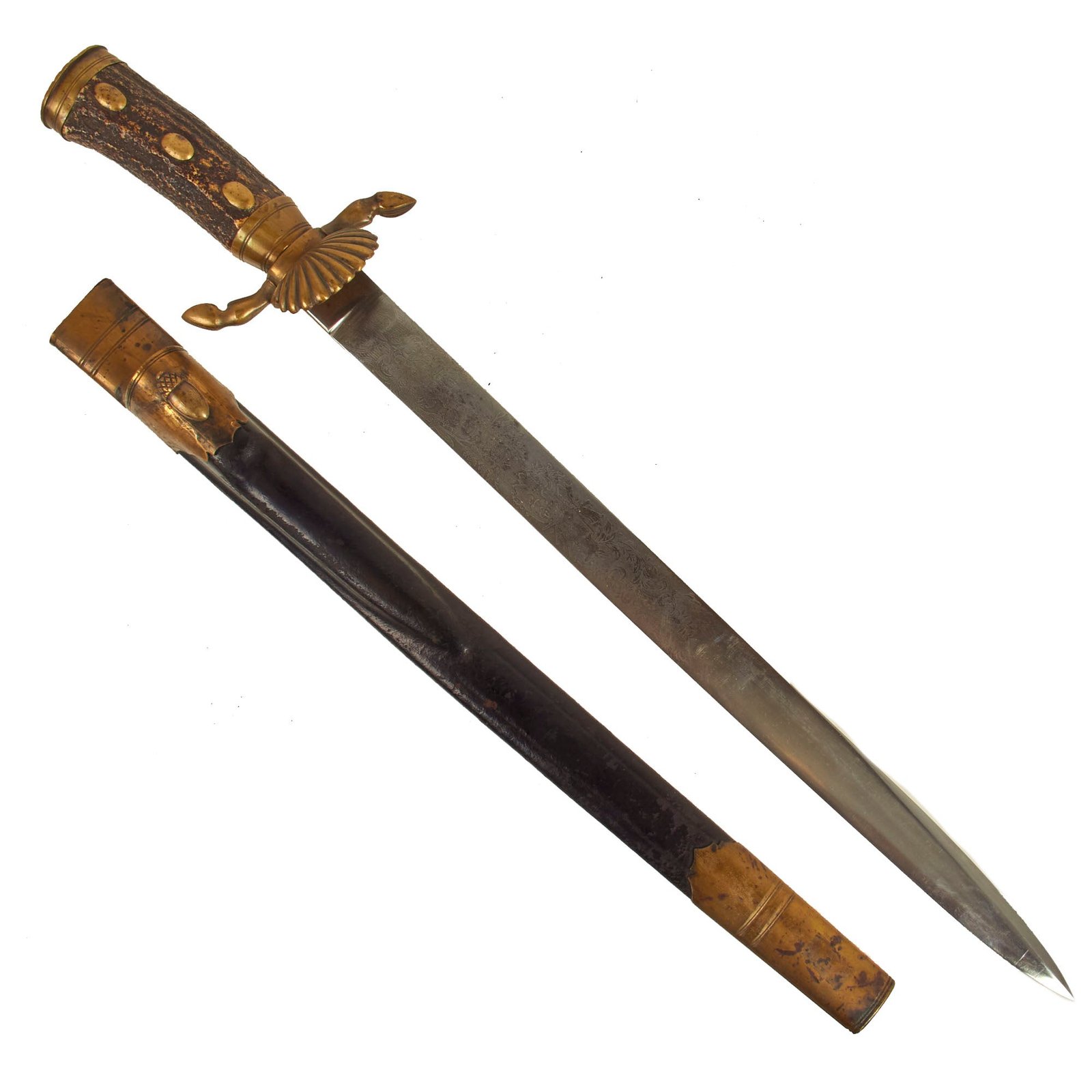 Buy Original German Pre-WWII Hirschfänger Stag Handle Forestry Dress Cutlass by with Scabbard | Original Firearms Antique For Sale