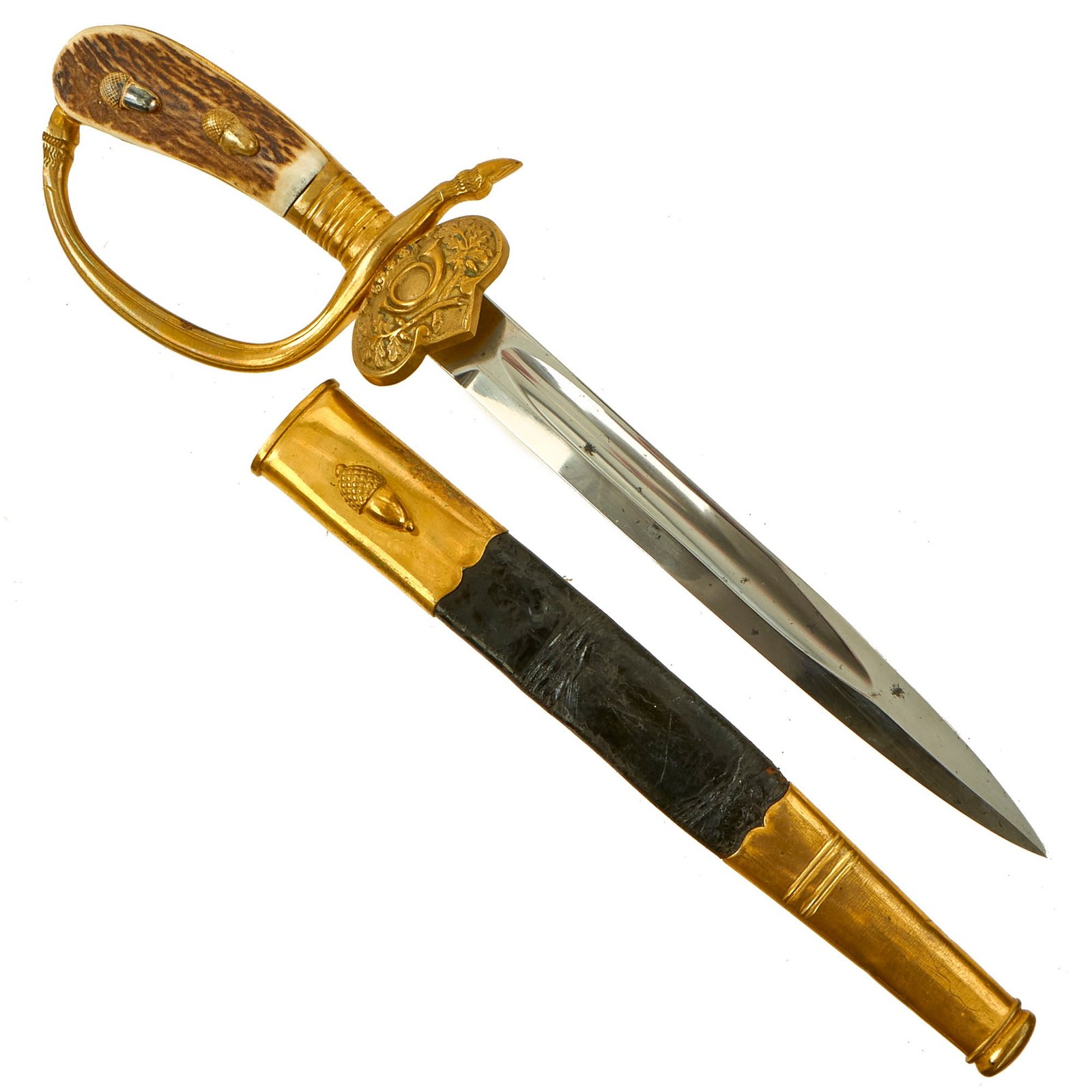 Buy Original German Pre WWI Bavarian Stag Handle Hunting Dagger Knife with Handguard & Scabbard | Original Firearms Antique For Sale