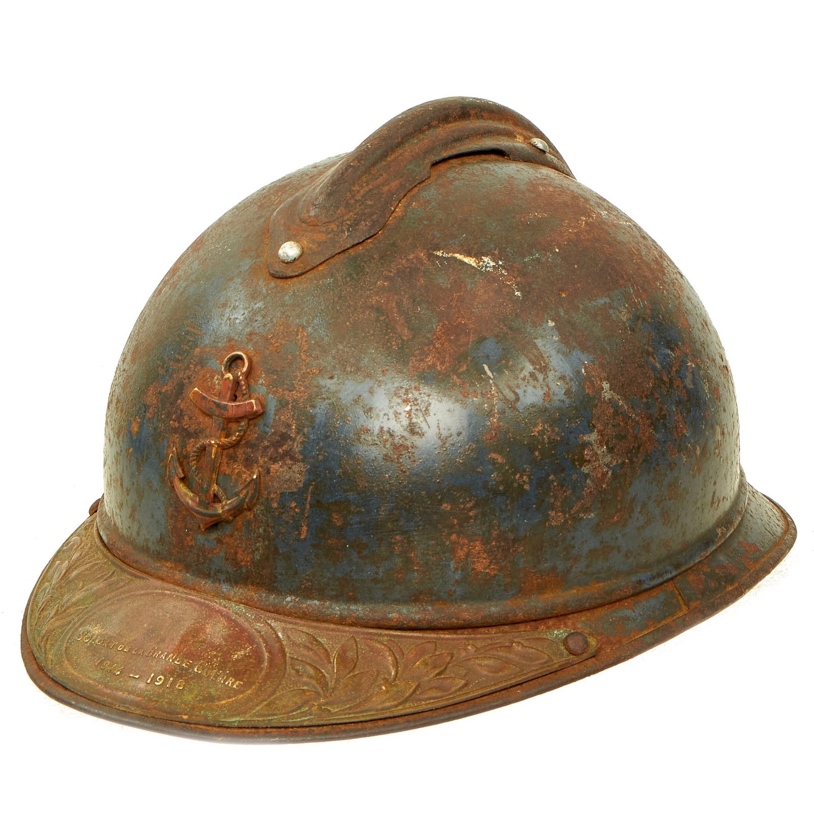 Buy Original French WWI Issue Colonial Navy Model 1915 Adrian Helmet in Horizon Blue with Soldat De La Grande Guerre Plaque | Original Firearms Antique For Sale