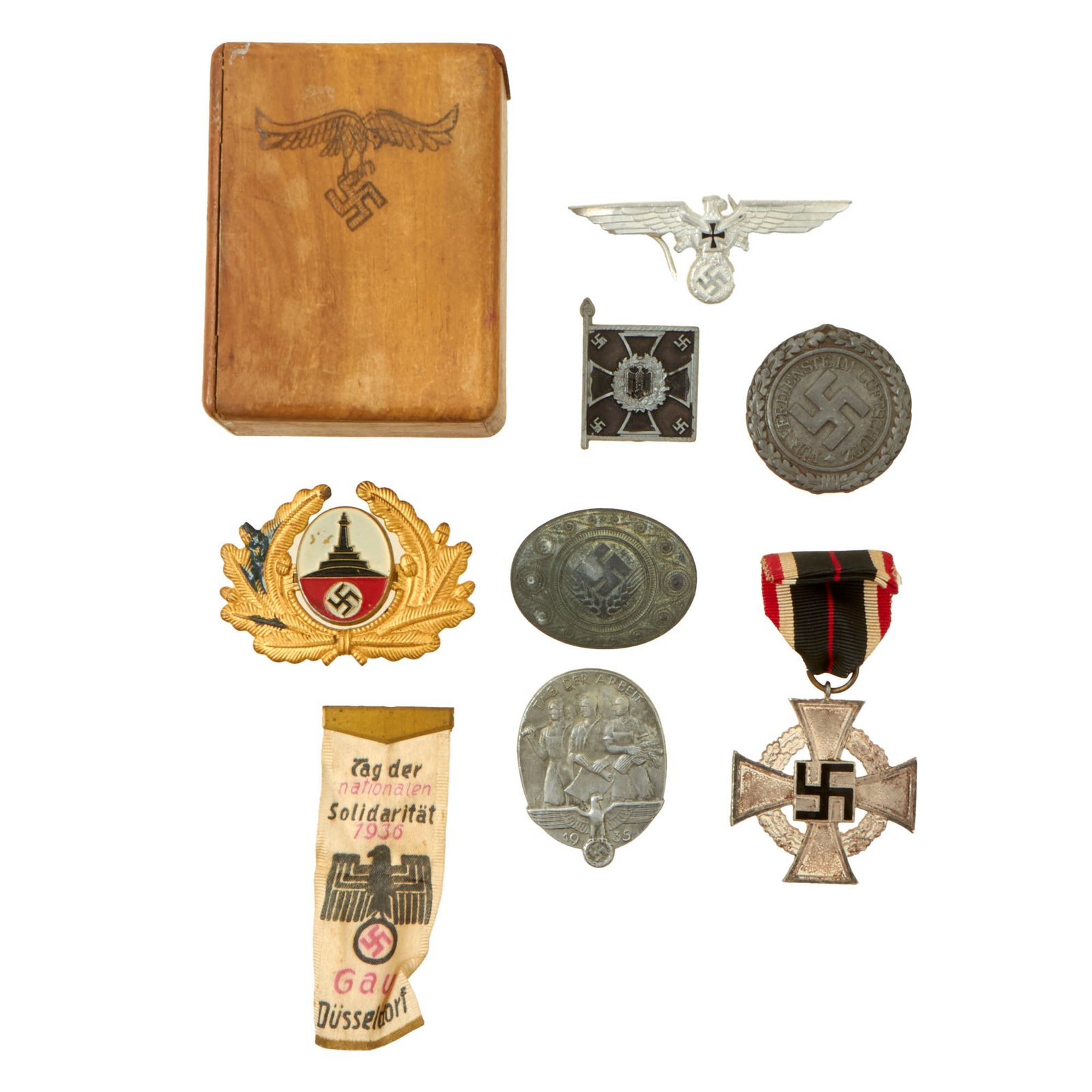 Buy Original German WWII Award and Tinnie Grouping in Custom Luftwaffe Wooden Case - 8 Items | Original Firearms Antique For Sale