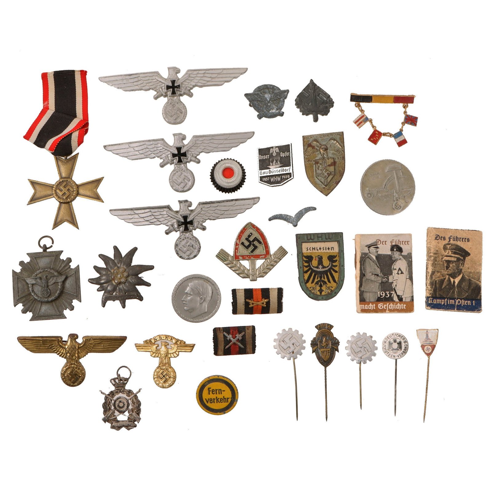Original German WWII Award, Insignia and Tinnie Grouping with KVKII, NSDAP 10 Year Service Award, and more! - 30 Items
