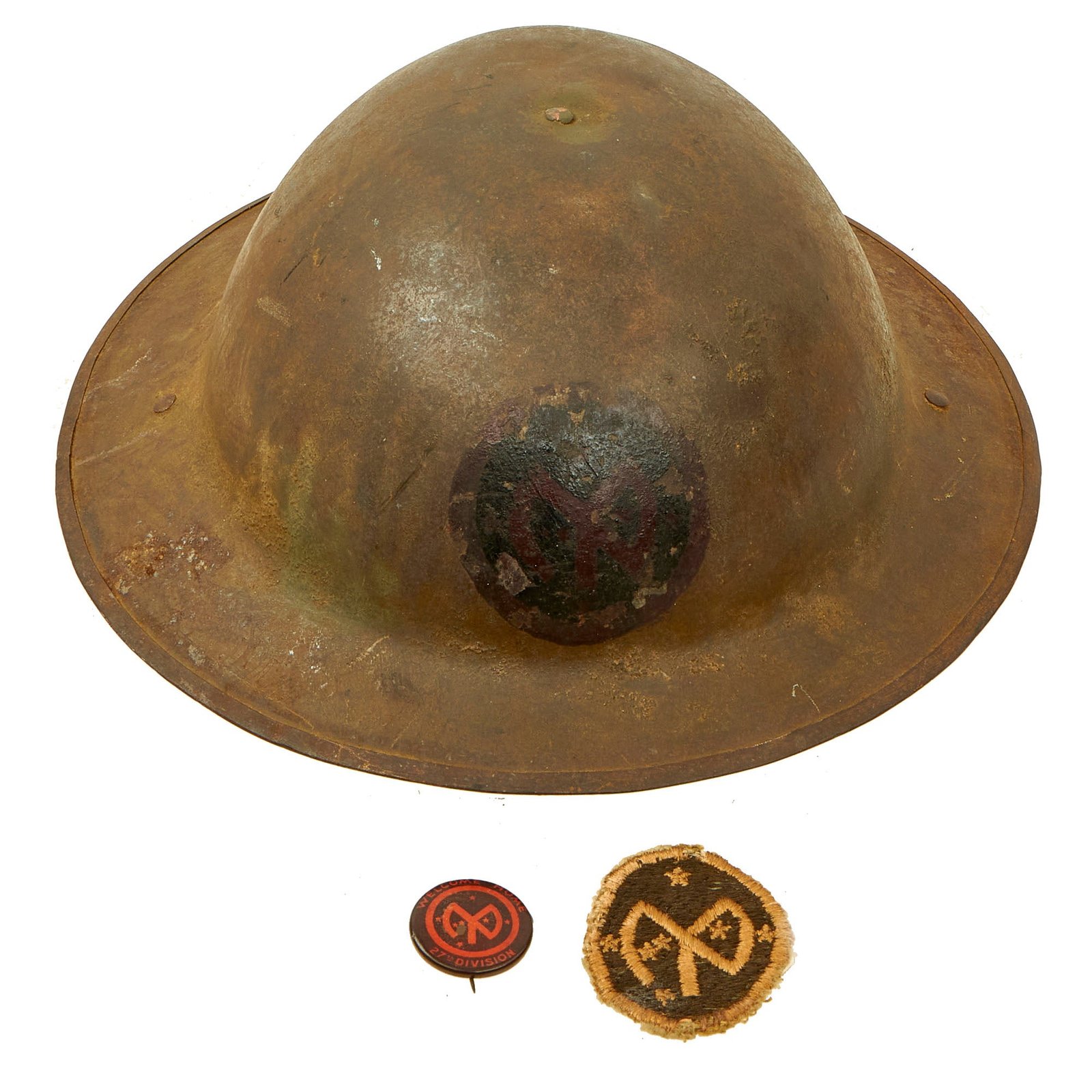 Buy Original U.S. WWI 27th Infantry Division British Made M1917 Doughboy Helmet With Shoulder Sleeve Insignia and “Welcome Home” Pin | Original Firearms Antique For Sale