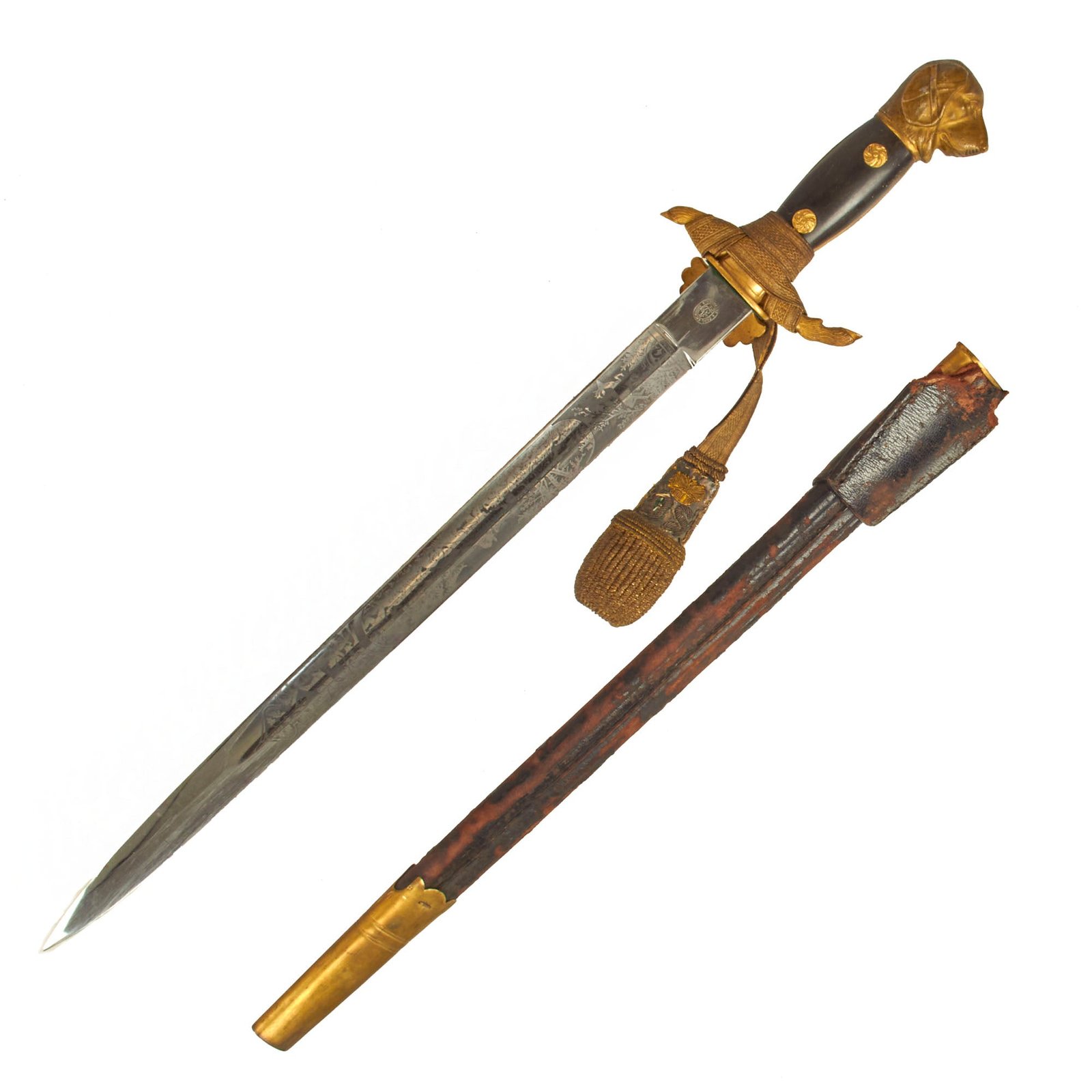 Buy Original German Pre WWII Hirschfänger Dog Head Forestry Dress Cutlass by Carl Eickhorn with Troddel & Scabbard | Original Firearms Antique For Sale