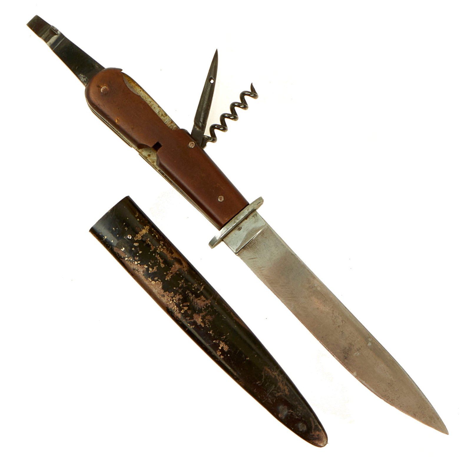 Buy Original Scarce German WWII Machine Gunner “Werkzeugmesser” Utility Tool Trench Knife with Bakelite Handle & Scabbard - Missing Can Opener Blade | Original Firearms Antique For Sale