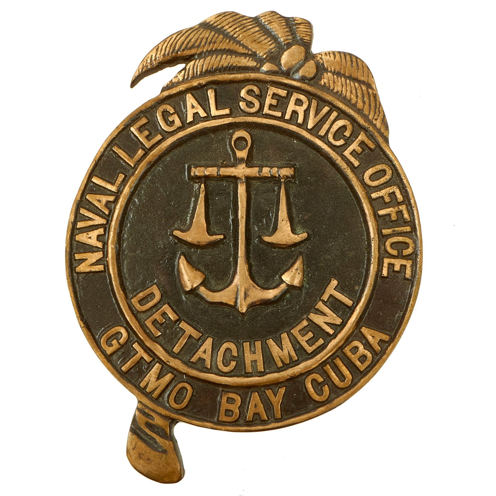 Buy Original U.S. Late Cold War Era Naval Legal Service Office, Guantanamo Bay, Cuba Brass Building/Wall Plaque | Original Firearms Antique For Sale