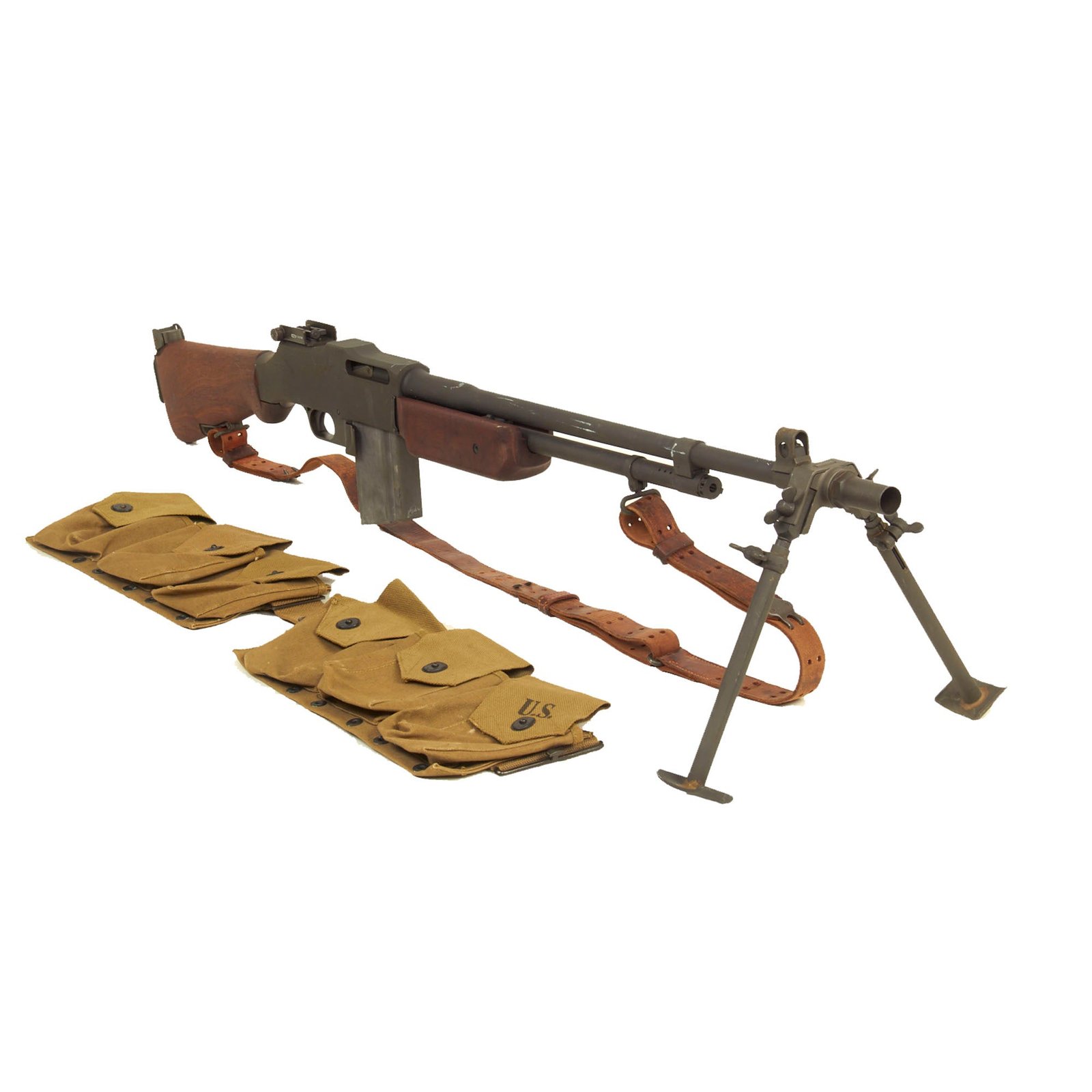 Buy Original U.S. WWII BAR Browning M1918A2 Display Gun with Leather Sling & Magazine Belt - NE-7 Barrel Dated 6-44 | Original Firearms Antique For Sale