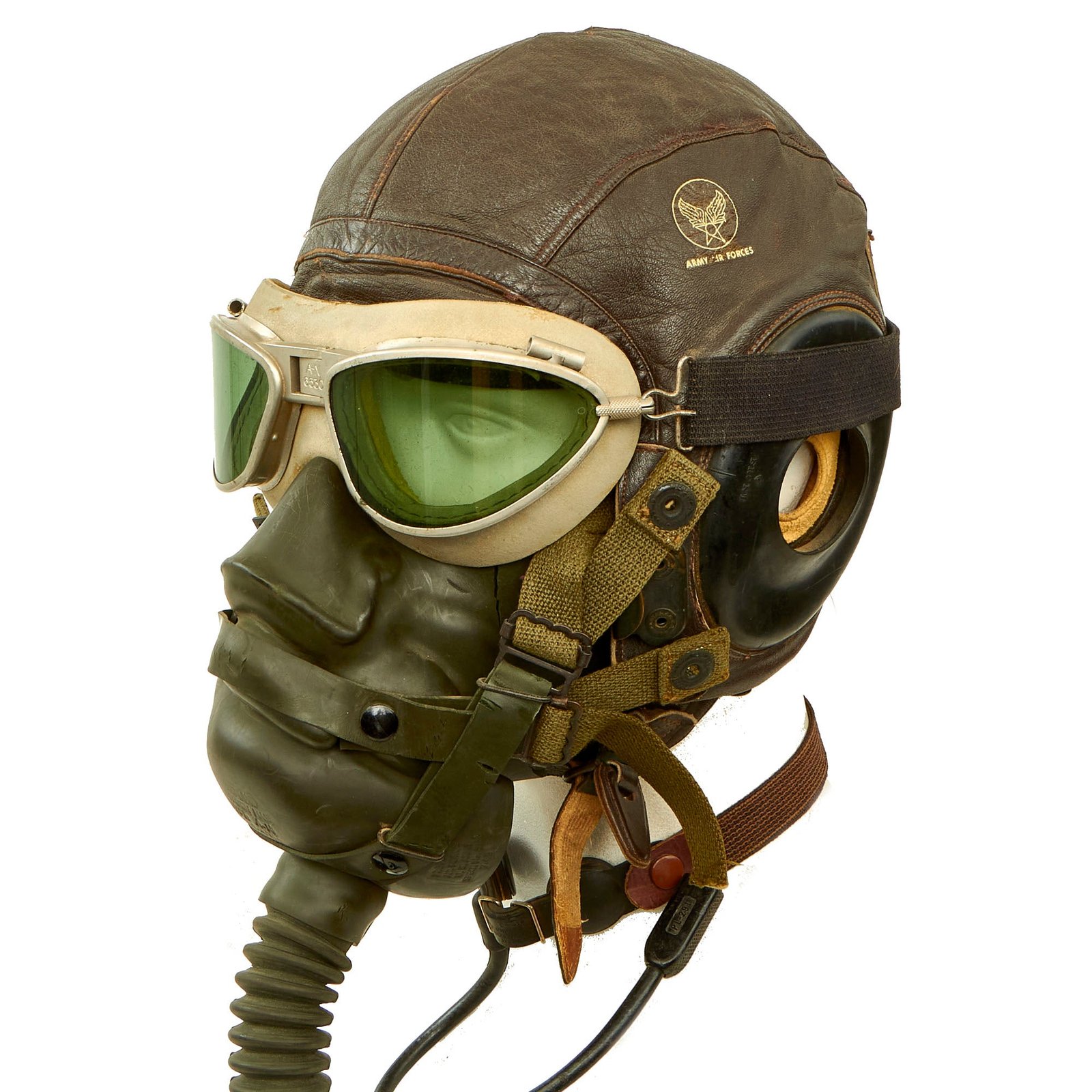 Buy Original U.S. WWII USAAF Aviator Flight Helmet Set - AN6530 Goggles, A-11 Helmet, Throat Mic & Type A-14 Oxygen Mask - 4 Items | Original Firearms Antique For Sale