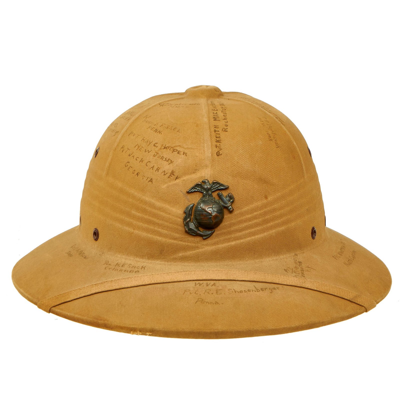 Buy Original U.S. WWII USMC Pressed Fiber Sun Helmet by International Hat Co Dated 1941 With Signatures of Marines From Marine Air Wing and Anti-Aircraft Units | Original Firearms Antique For Sale