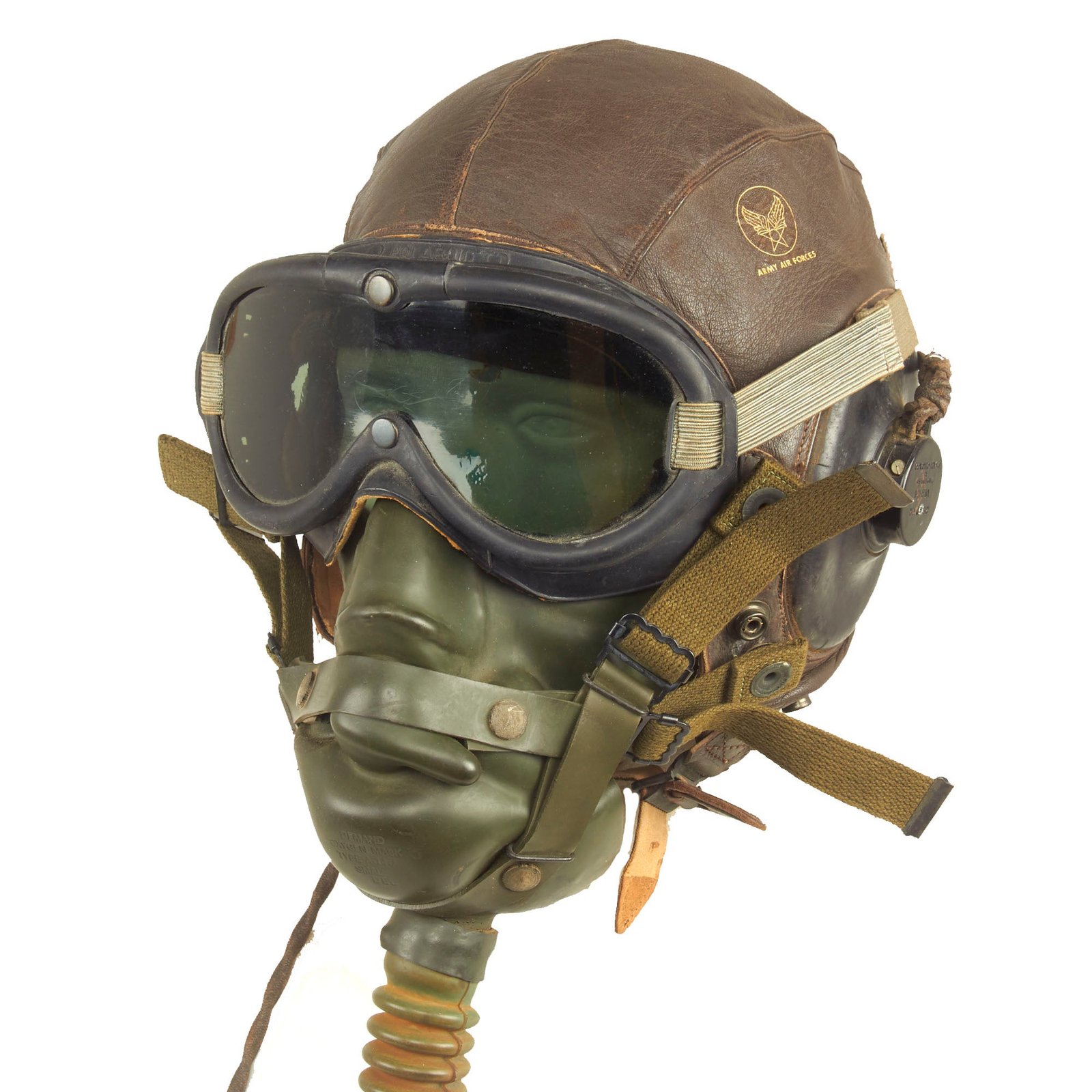 Buy Original U.S. WWII Army Air Forces Aviator A-11 Flight Helmet Set - A-14 Mask and B-8 Goggles | Original Firearms Antique For Sale