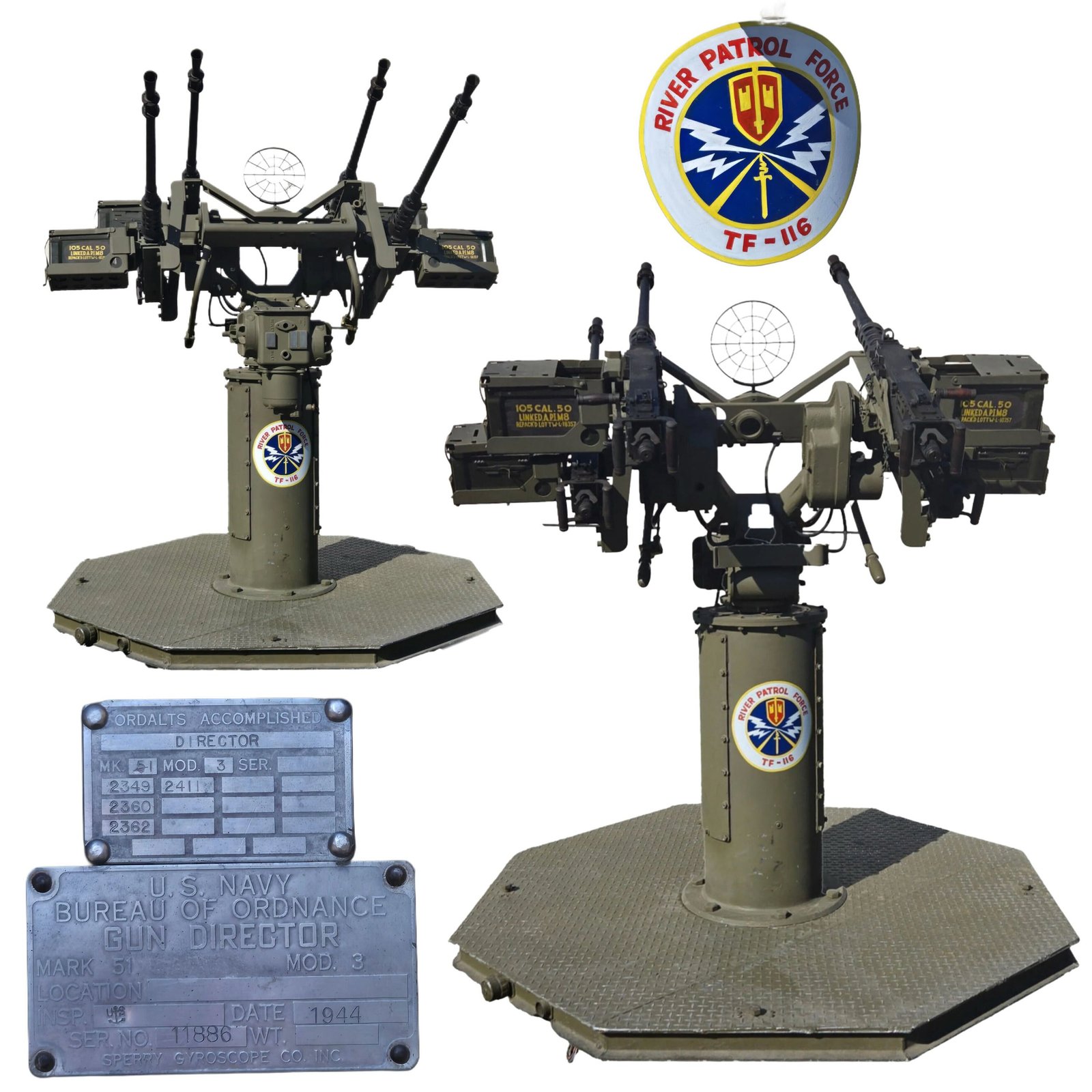 Buy Original U.S. WWII Navy Quad-Mount .50 Cal Gun Director Mk. 51 Mod. 3 with Gun Sight Mark 15 & Four Inert M2 Browning Display Machine Guns on Original Base - Dated 1944 | Original Firearms Antique For Sale
