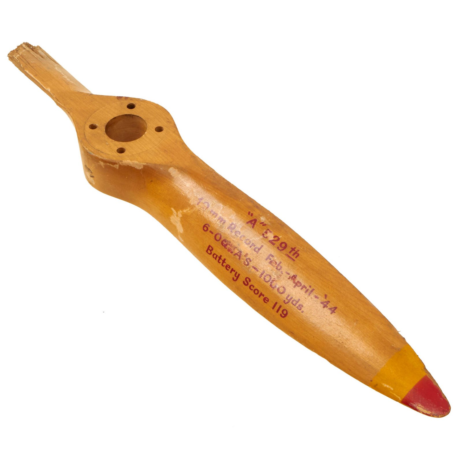 Buy Original U.S. WWII 529th Field Artillery Battalion Shot Down Gunnery Target Drone Propeller Trophy - Dated April 1944 | Original Firearms Antique For Sale