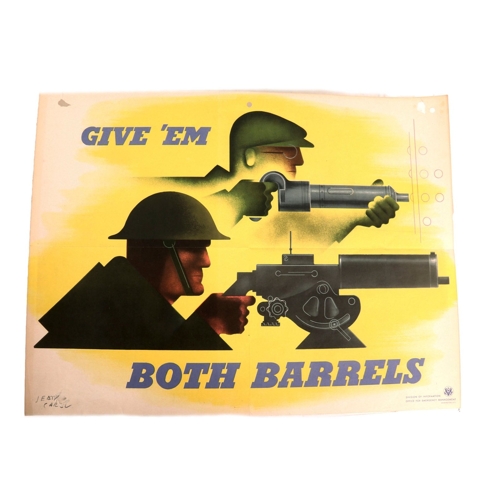 Buy Original U.S. WWII “Give ‘Em Both Barrels” Production Poster by Jean Carlu - 15 x 20” | Original Firearms Antique For Sale