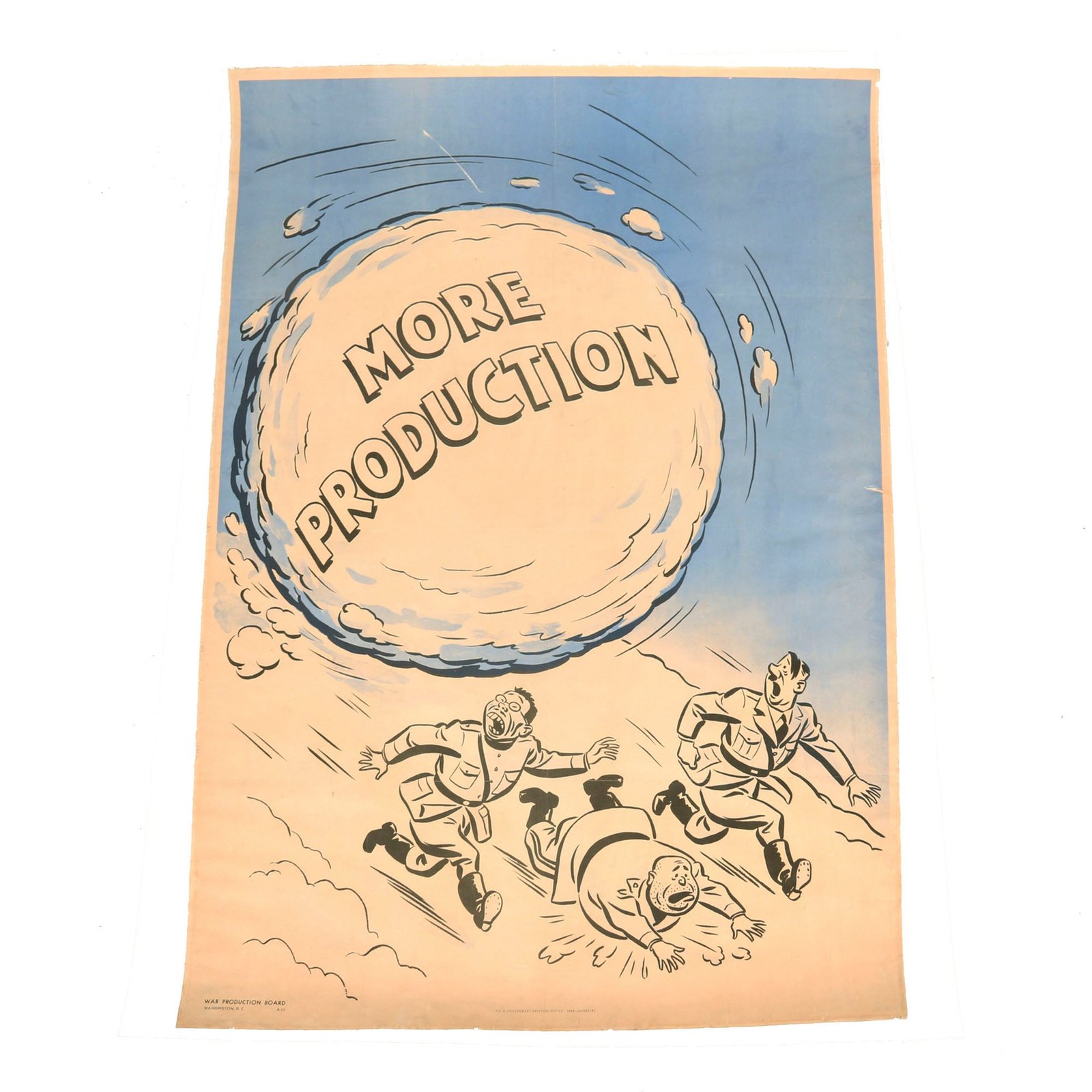 Buy Original U.S. WWII Anti-Axis “More Production” Snowball Caricature Linen-Backed Propaganda Poster - 28½ x 40” | Original Firearms Antique For Sale