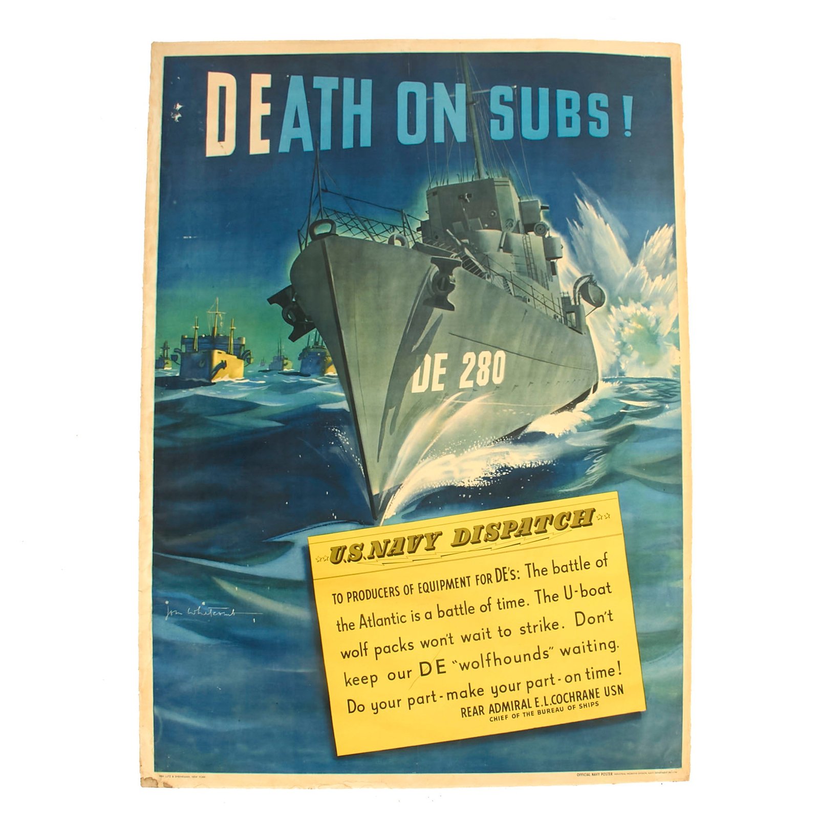 Buy Original U.S. WWII “Death on Subs!” Linen-Backed Production Propaganda Poster - 29½ x 40” | Original Firearms Antique For Sale