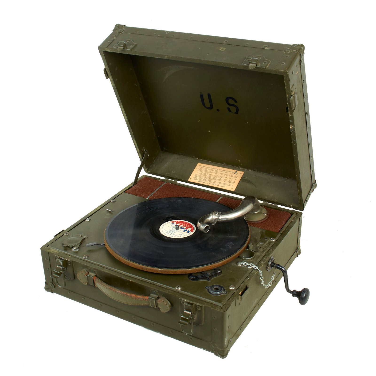 Buy Original U.S. WWII U.S. Army Phonograph Player by Boetsch Brothers with 1947 U.S. Special Services Cowboy Medley Record | Original Firearms Antique For Sale