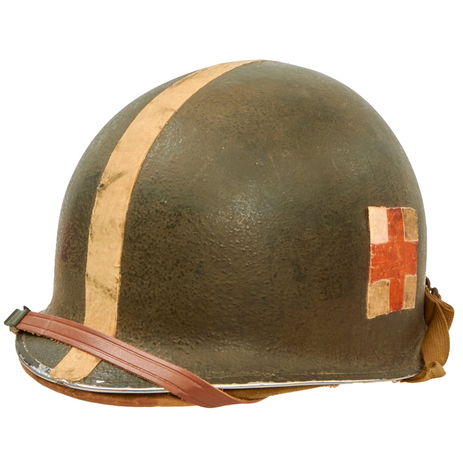 Buy Original U.S. WWII 1943 Medic M1 McCord Front Seam Fixed Bale Helmet with Scarce Matching Hawley Paper Liner - Medical Tape Used for Insignia | Original Firearms Antique For Sale