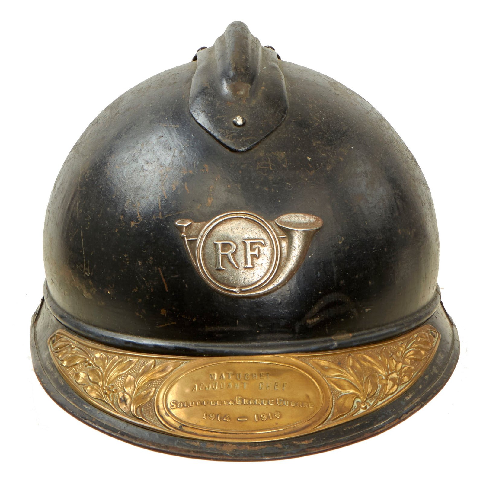 Buy Original French WWI M1915 Adrian Mountain Trooper Chasseurs Helmet with Named Veteran’s Plate - Full Liner & Chinstrap | Original Firearms Antique For Sale