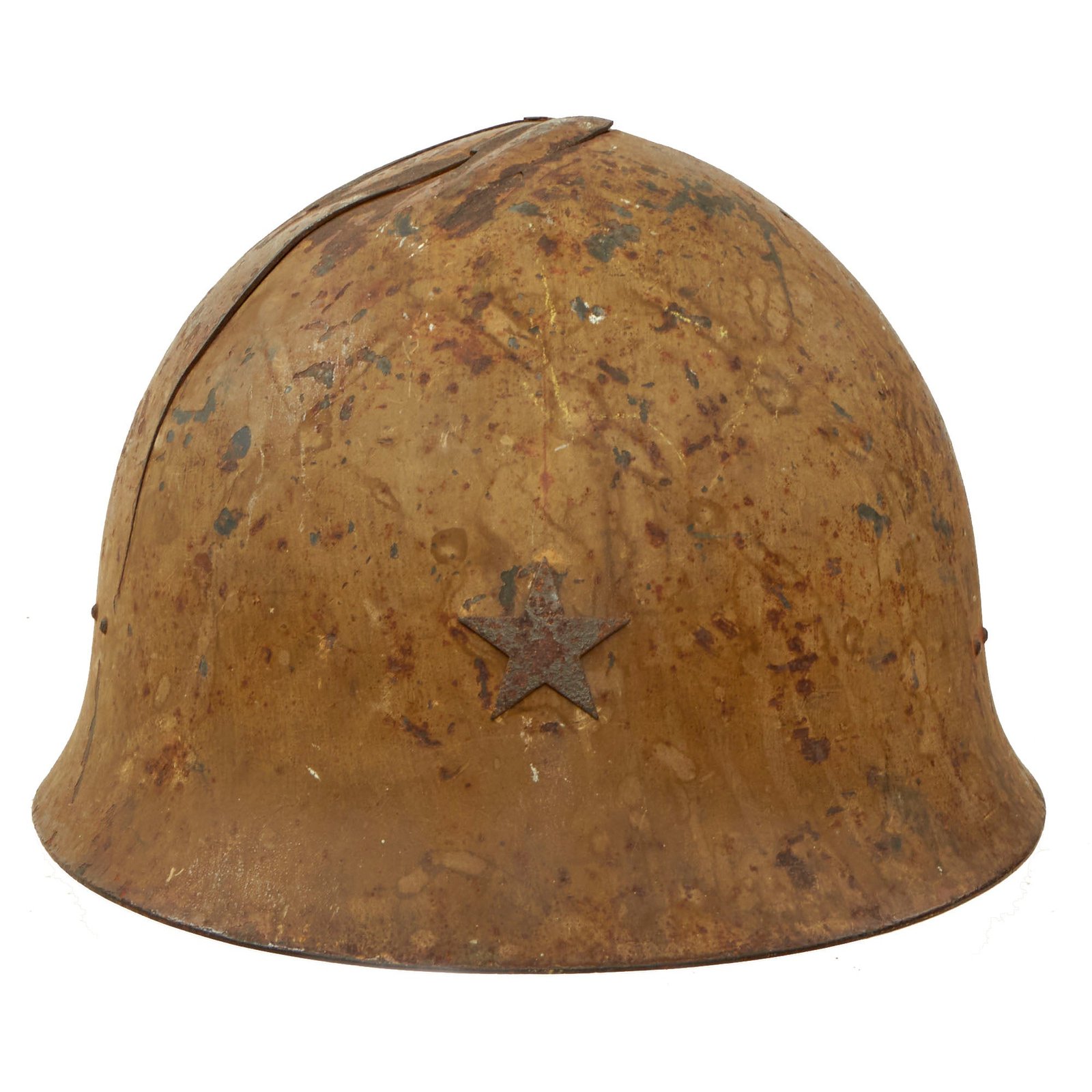Buy Original Japanese WWII Type 90 Army Tetsubo Helmet with Heavy Battle Damage - Replacement Liner and Chinstrap | Original Firearms Antique For Sale