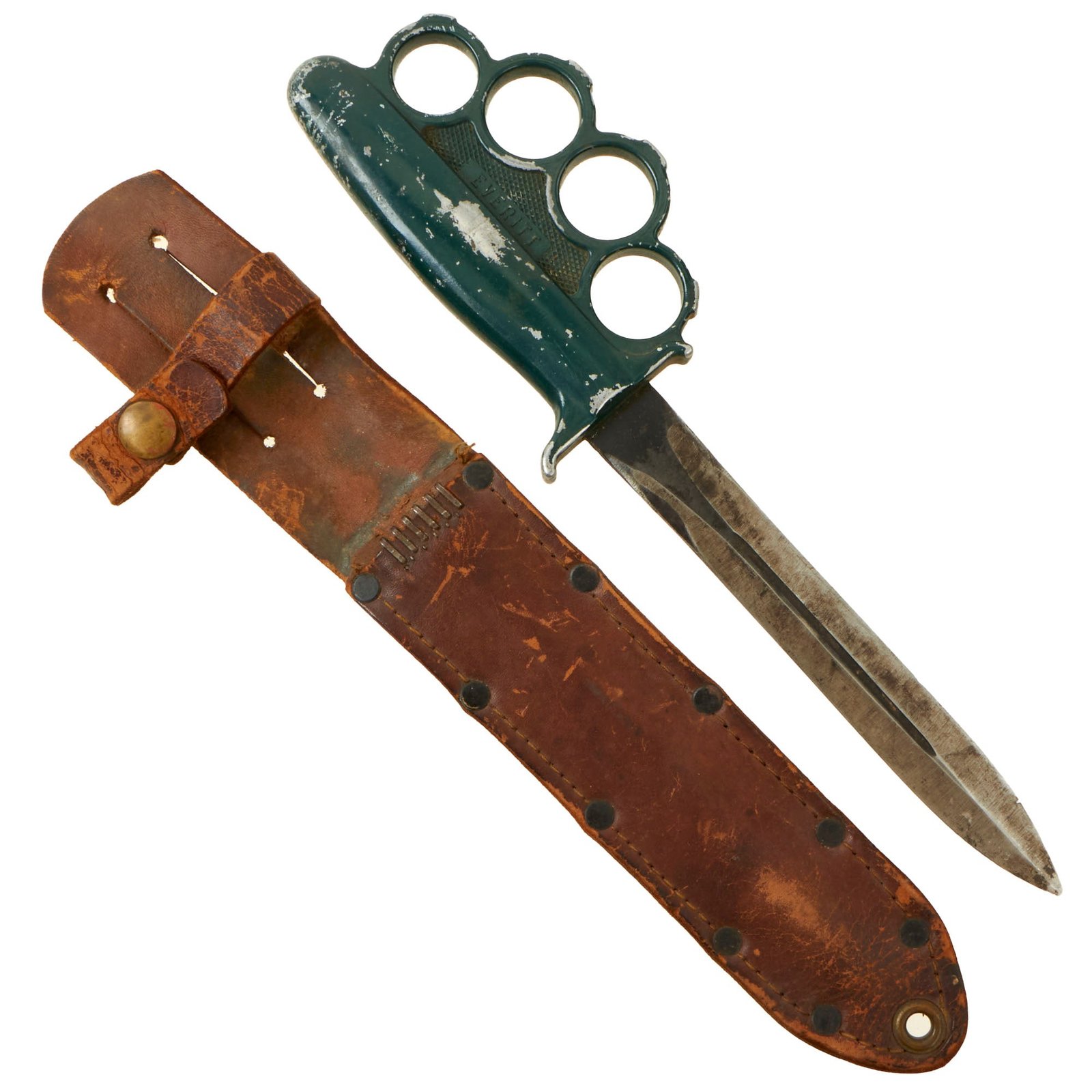 Buy Original U.S. WWII Rare Everitt Green Handle Knuckle Fighting Knife with Scabbard | Original Firearms Antique For Sale
