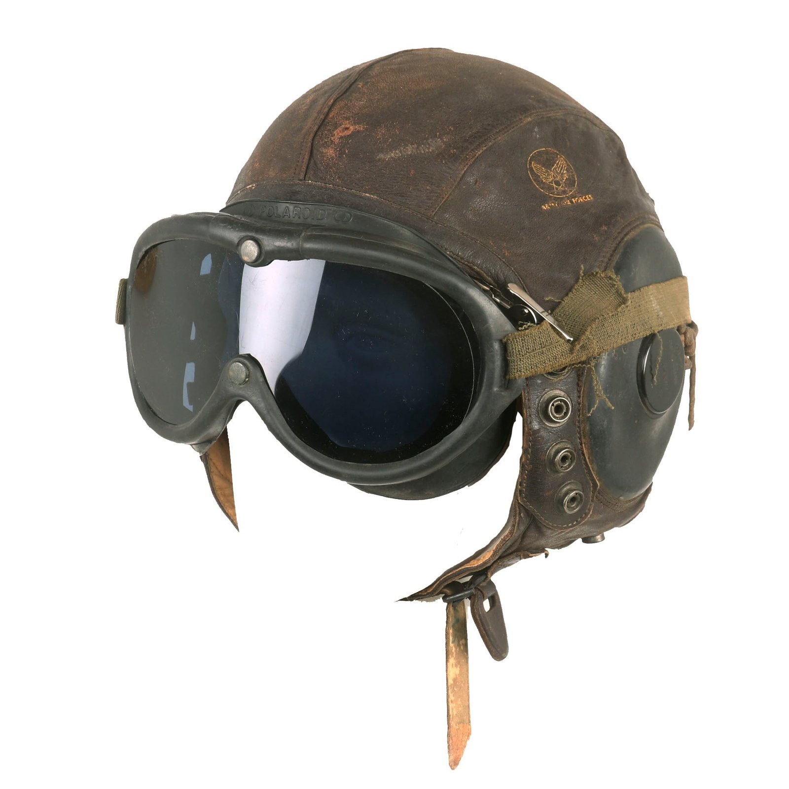 Buy Original U.S. WWII Army Air Forces Aviator A-11 Flight Helmet with Type ANB-H-1 Earphones & M1944 Polaroid Goggles | Original Firearms Antique For Sale