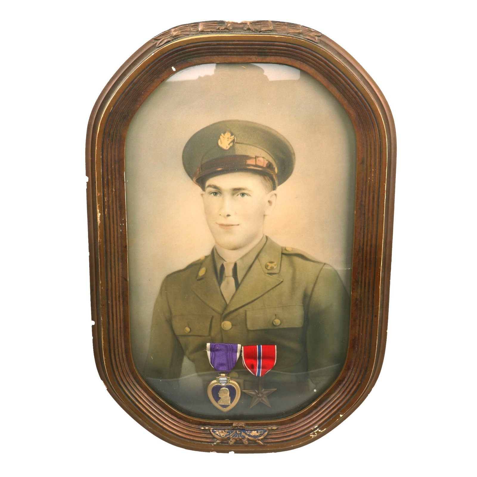 Buy Original U.S. WWII Framed Bubble Color Portrait of Soldier with Purple Heart & Bronze Star Medals - Moreland - 12 x 18” | Original Firearms Antique For Sale