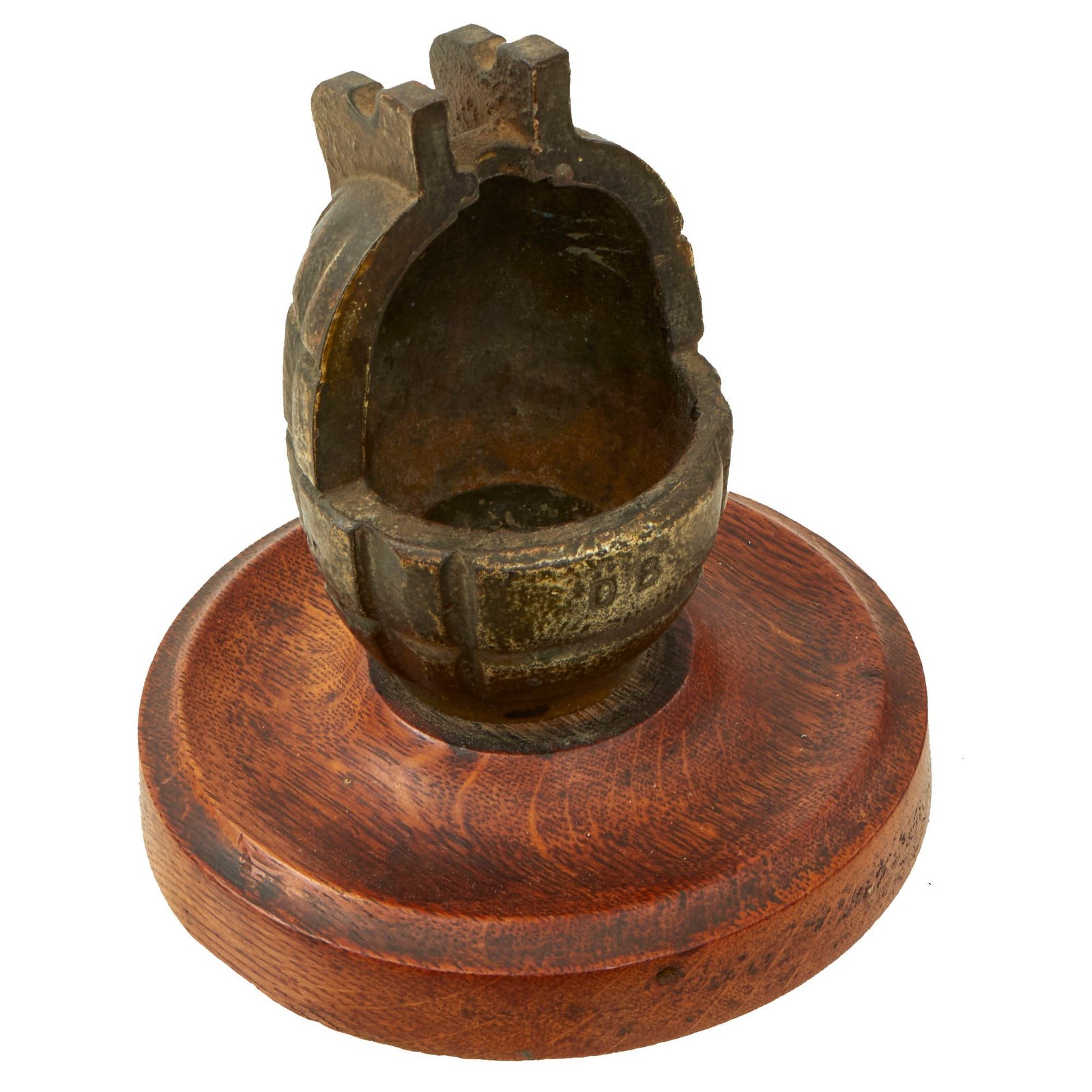 Buy Original WWII British No.36 Mills Bomb Grenade Trench Art Desk Pencil Holder on Wooden Stand | Original Firearms Antique For Sale