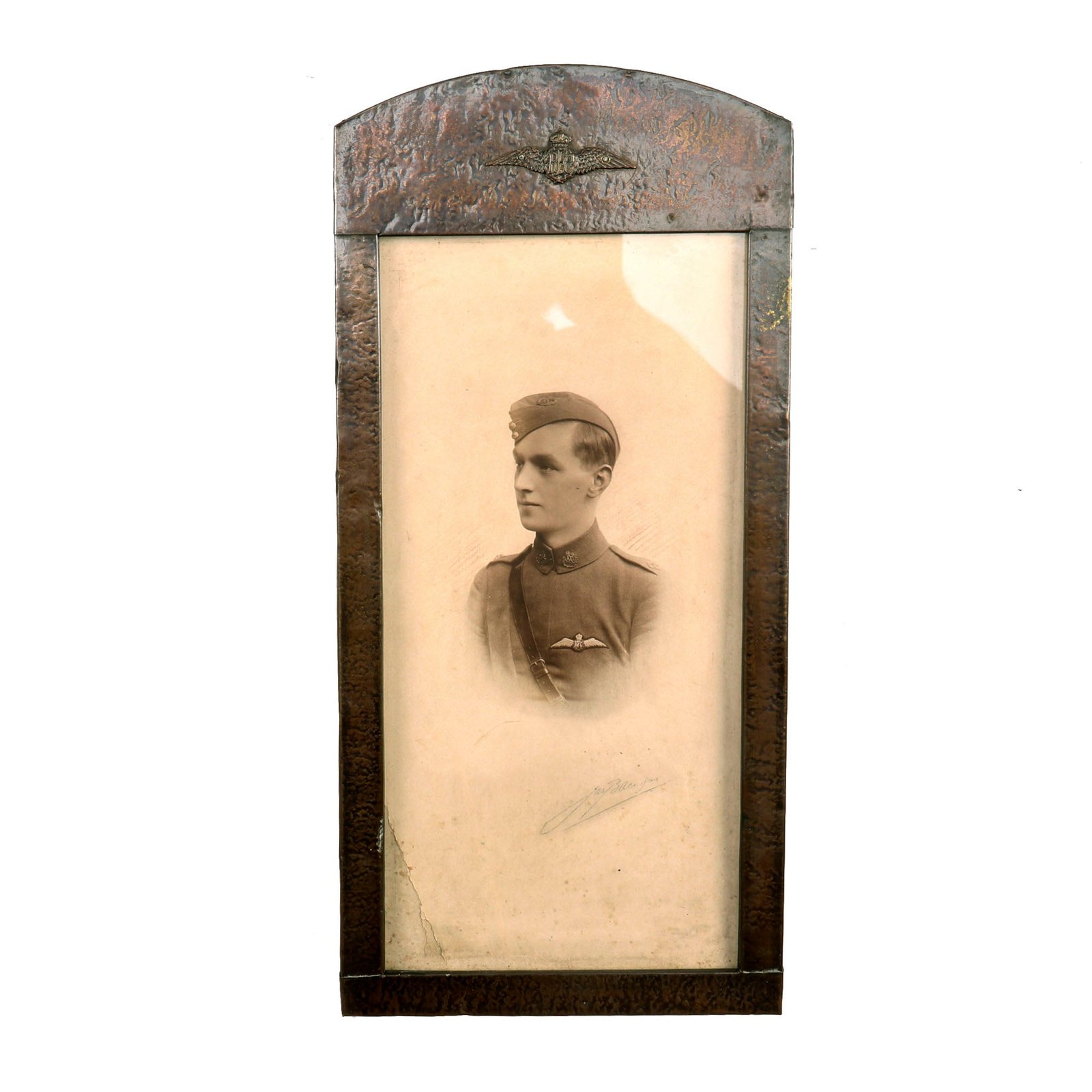 Buy Original British WWI Scarce Metal Framed Portrait of Royal Flying Corps Pilot in Maternity Tunic - 7 x 14½” | Original Firearms Antique For Sale