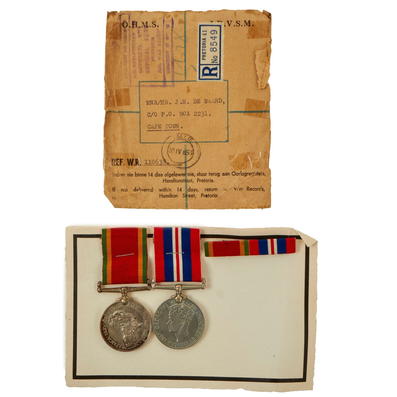 Buy Original South African WWII Engraved 1939-1945 War Medal & WWII Africa Service Medal & Ribbons with Original Shipping Envelope | Original Firearms Antique For Sale