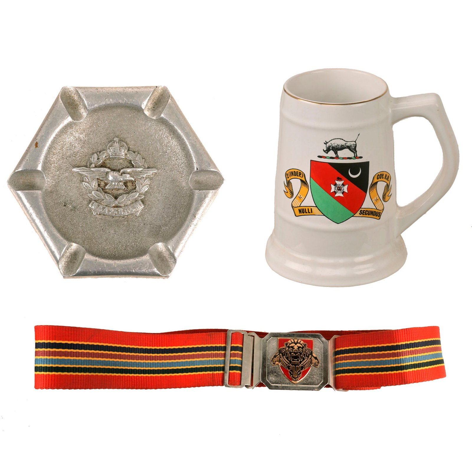 Buy Original Rhodesian WWII & Bush War Lot Including 2nd Ind. Coy Mug & WWII South African Air Force Ashtray - SANDF Pride of the Lions Stable Belt | Original Firearms Antique For Sale