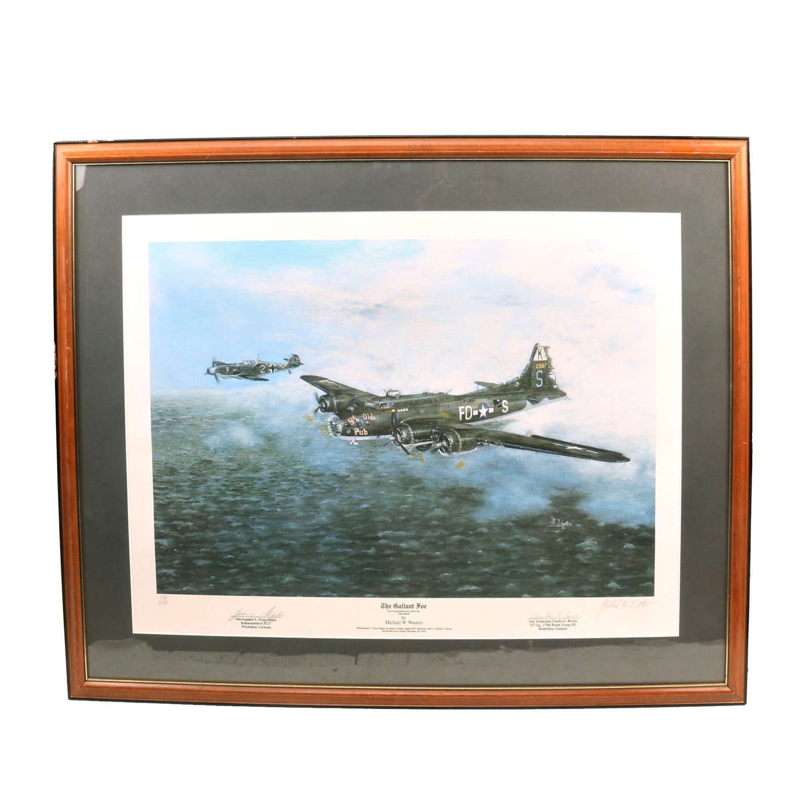Buy Original Signed Limited Edition Print: Framed “The Gallant Foe” by Michael W. Wooten, Signed by German & American Pilot  - 27 x 34” | Original Firearms Antique For Sale